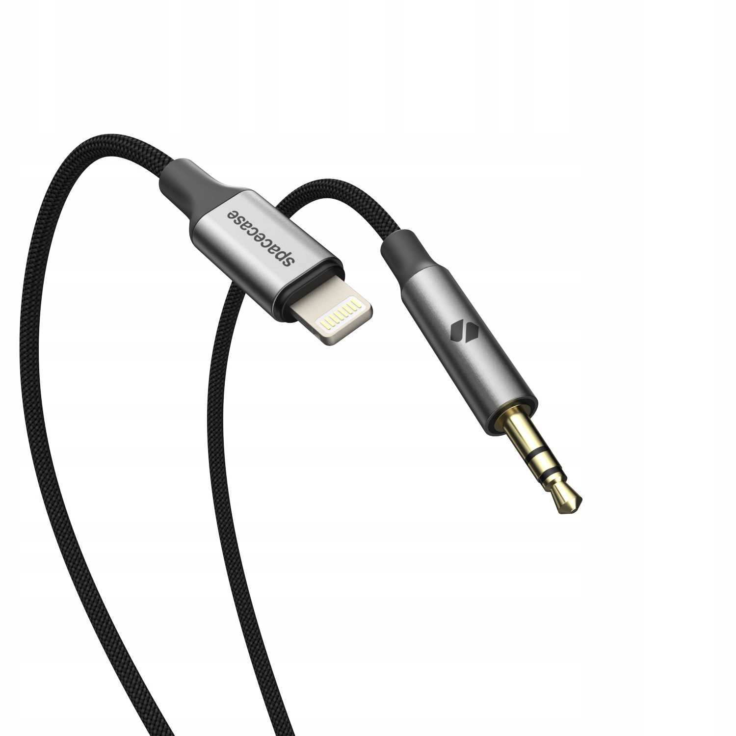 Czarny pleciony kabel ze złączem lightning i gniazdem audio 3,5 mm.