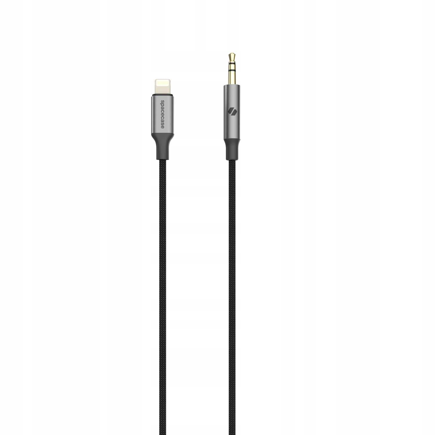 Kabel audio Lightning i jack 3,5 mm z czarnym plecionym przewodem.