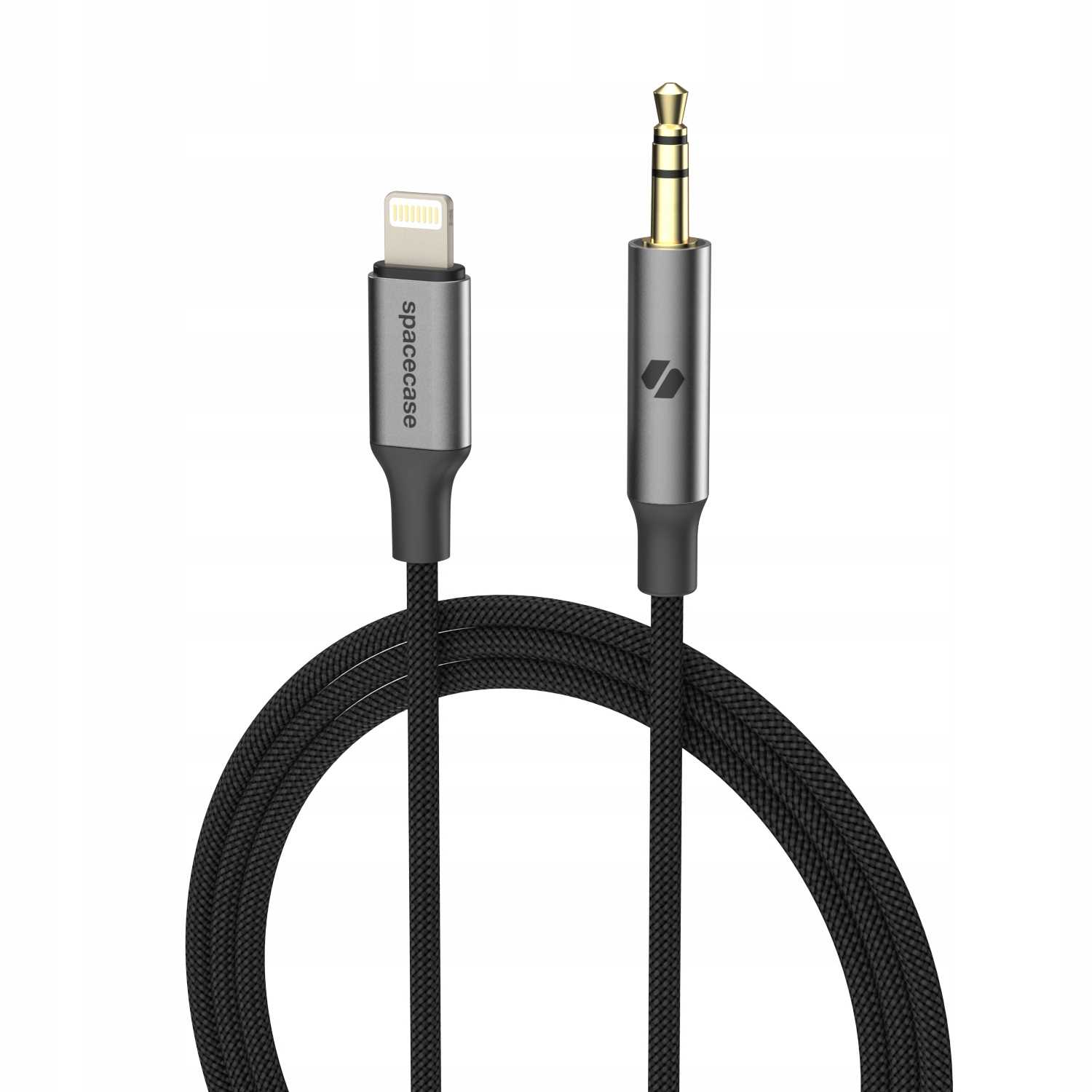 Czarny kabel ze złączem lightning i wtykiem jack 3,5 mm.
