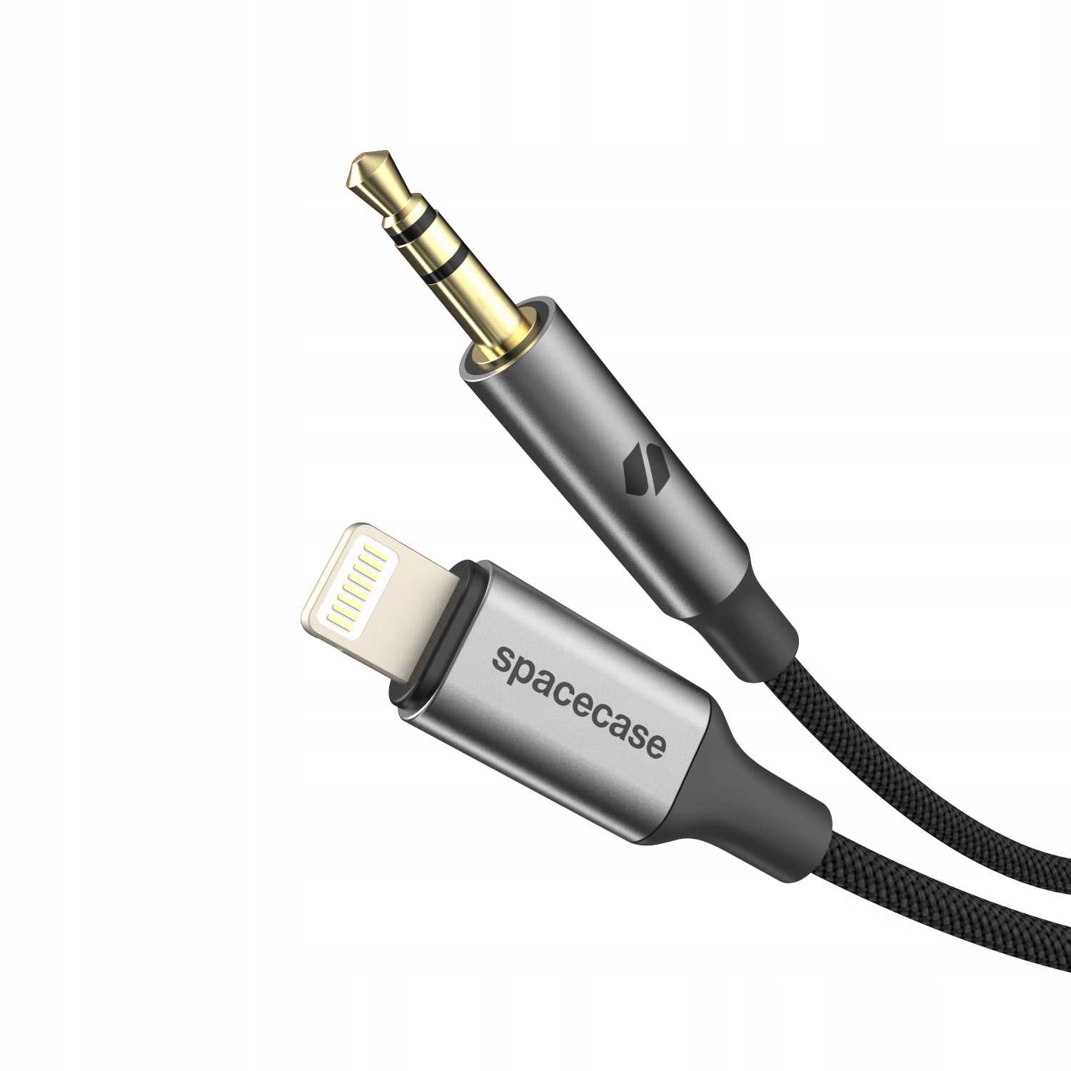 Srebrny kabel lightning na 3,5 mm z czarnymi akcentami, na białym tle.