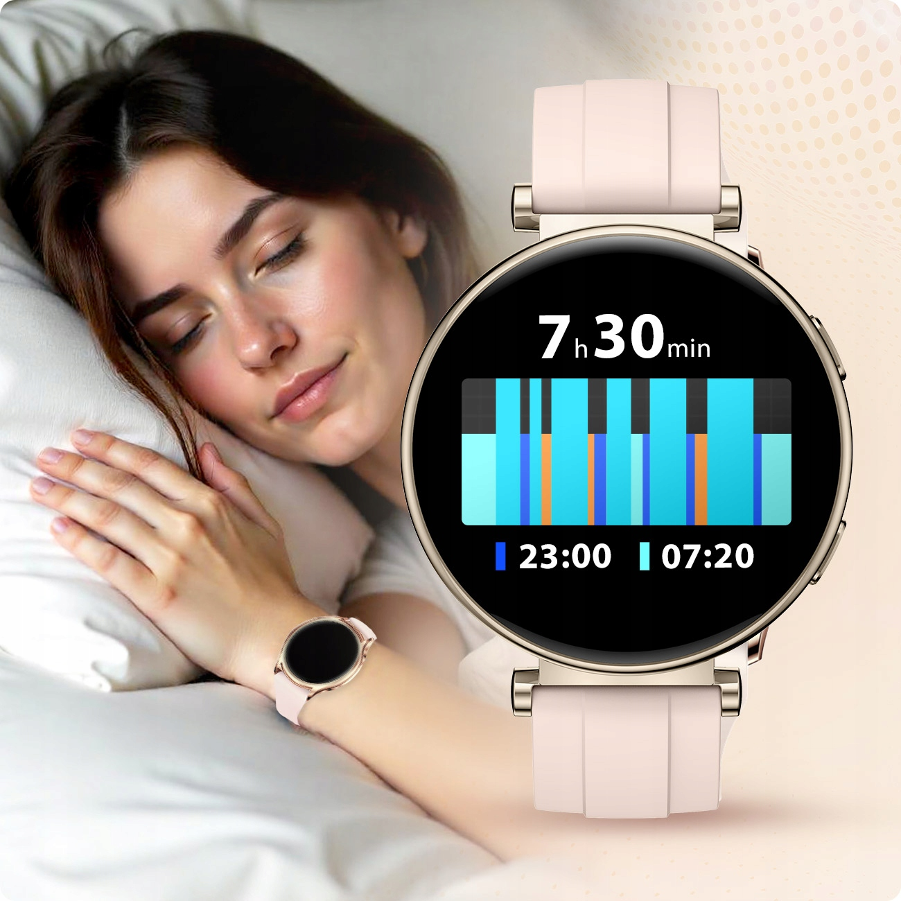 Kobieta śpi na poduszce, smartwatch wyświetla dane o śnie.