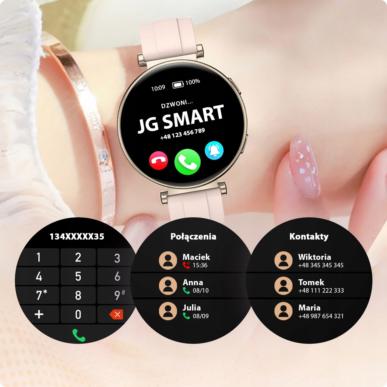 Ekran smartwatcha pokazuje połączenie przychodzące od JG SMART z przyciskami odbioru/odrzucenia.