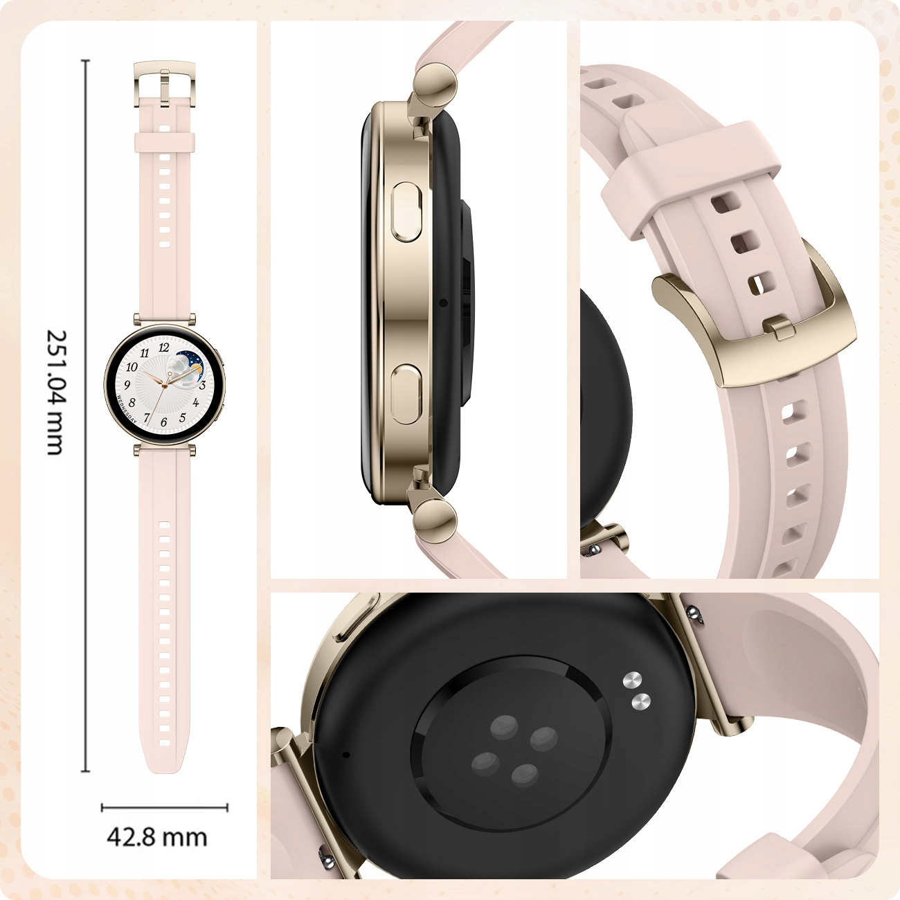 Okrągły smartwatch z jasną tarczą, złotą kopertą i jasnoróżową bransoletką.