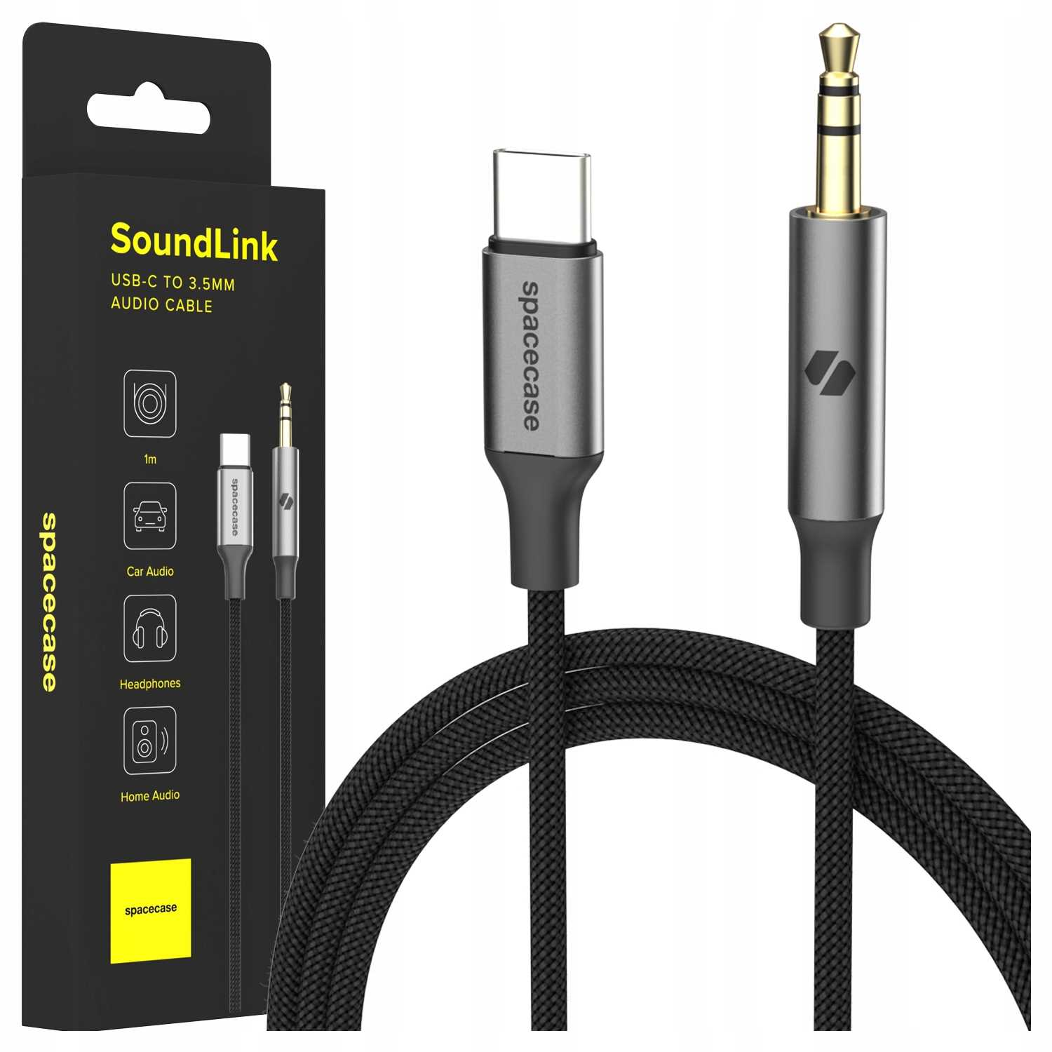 Kabel audio SoundLink USB-C do 3,5 mm, czarny pleciony, ze złotymi złączami.