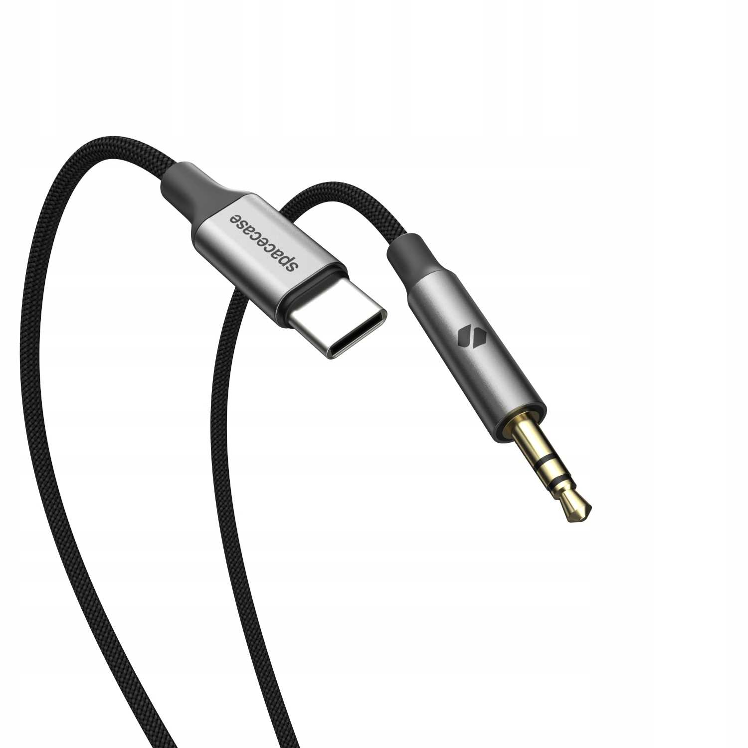 Czarny kabel ze złączami USB-C i jack 3,5 mm.