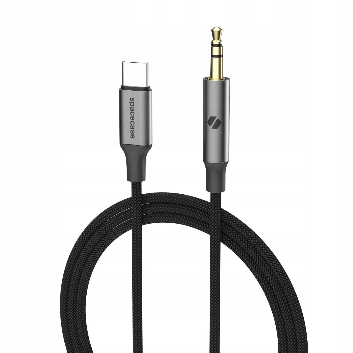 Czarny kabel ze złączami USB-C i srebrnym 3,5 mm.
