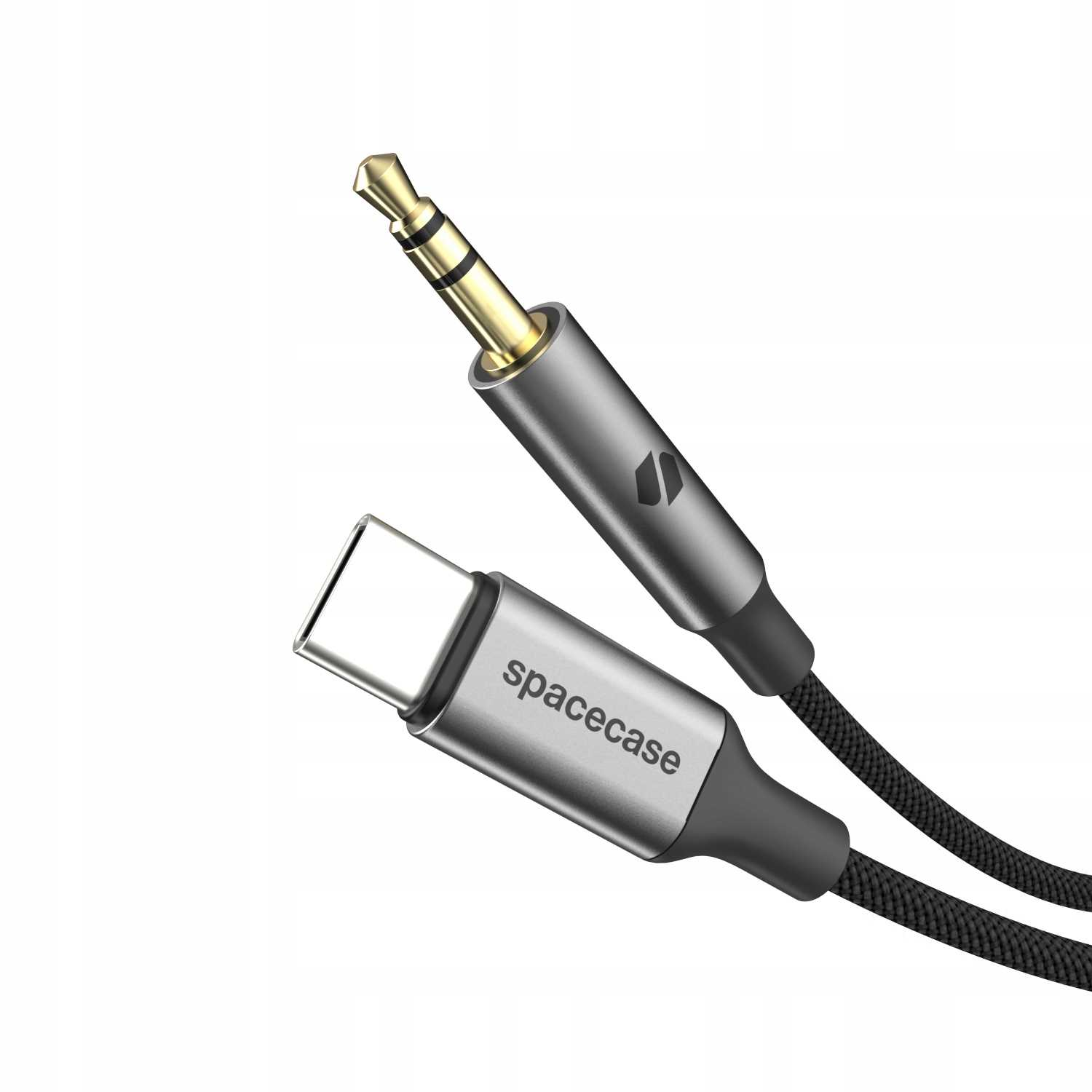 Srebrny kabel audio Spacecase USB-C do 3,5 mm ze złotym złączem.
