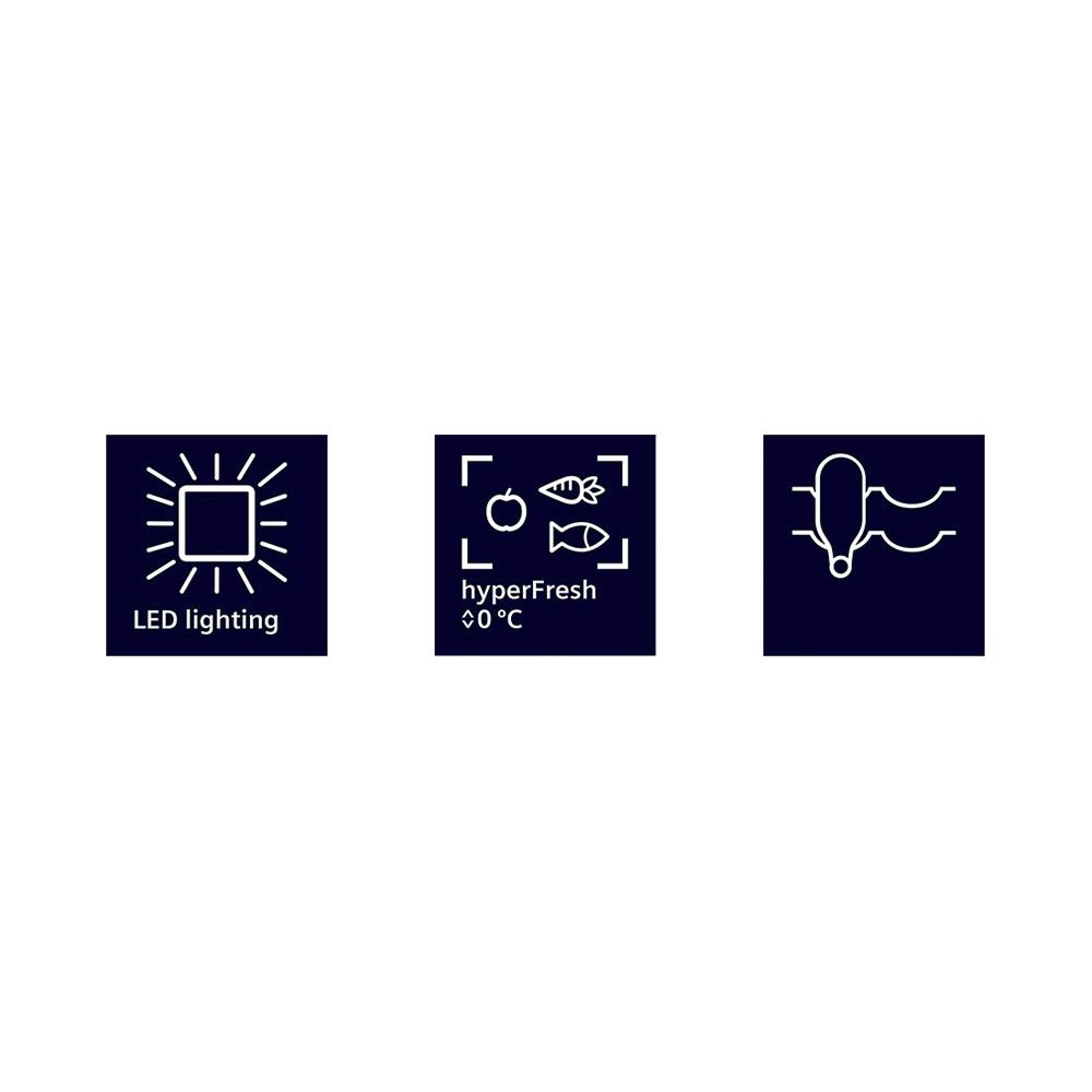 Drei Icons: LED-Beleuchtung, HyperFresh bei 0°C, und ein Gefrierfach.