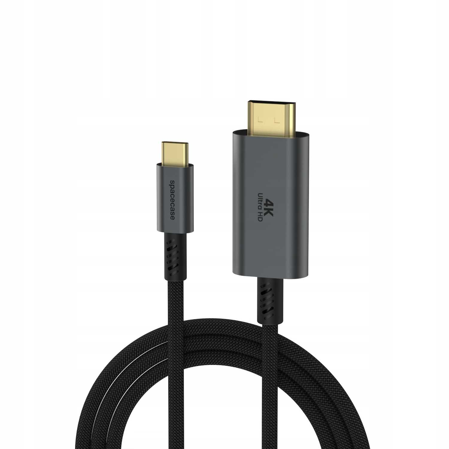 Ciemnoszary kabel USB-C i HDMI ze złotymi złączami na białym tle.