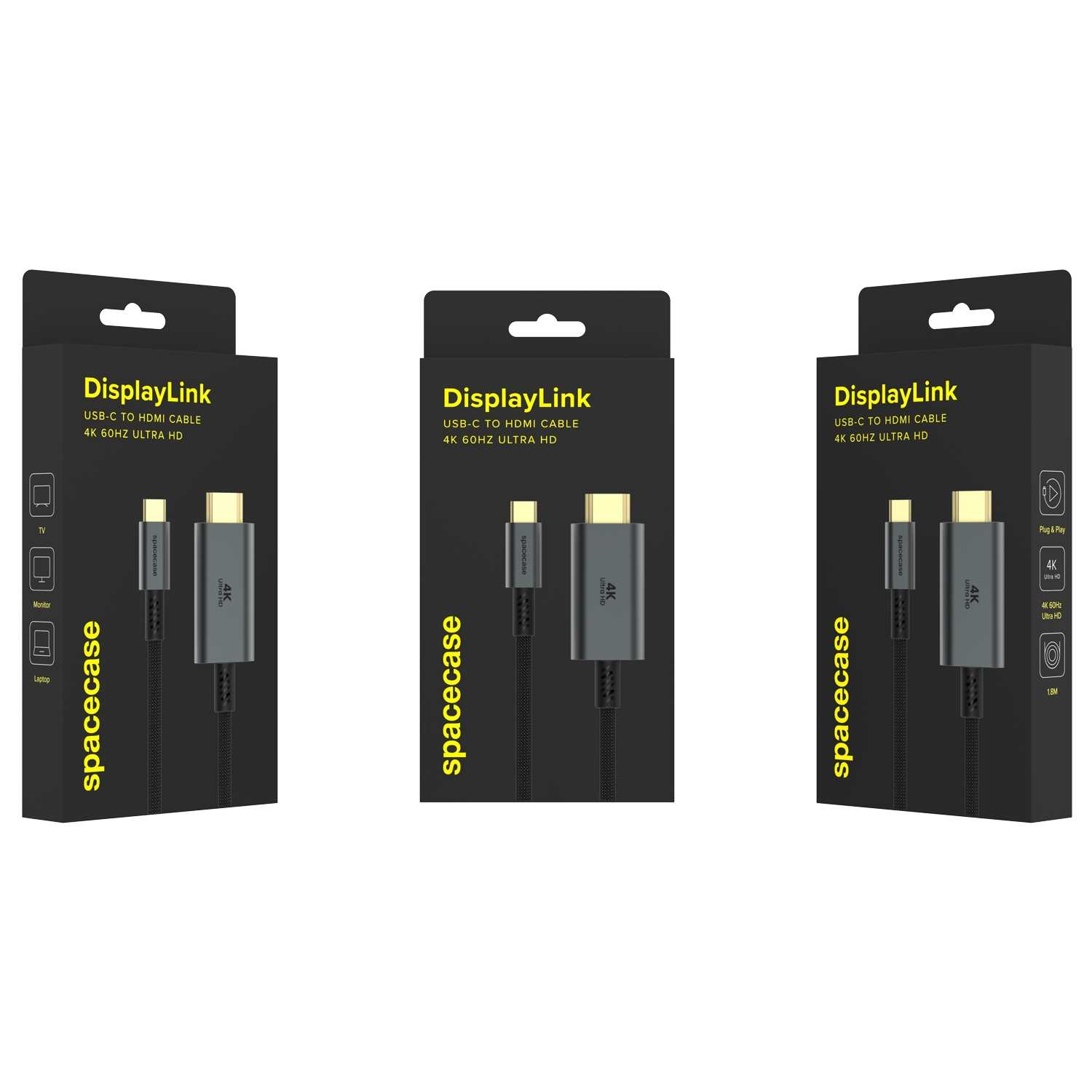 Trzy opakowania kabli USB-C do HDMI z logo DisplayLink.