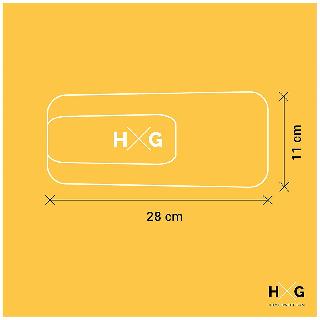Forma rectangular de 28 cm x 11 cm, logo HxG