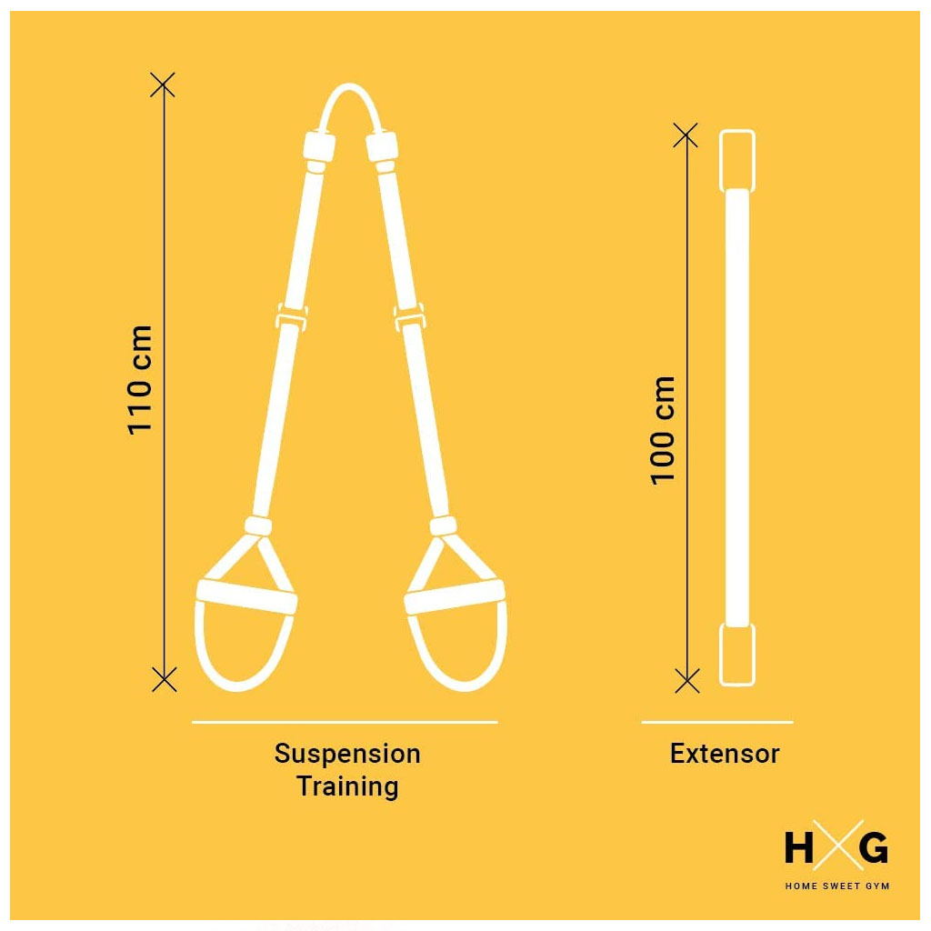 Dos artículos de fitness: entrenador de suspensión (110cm) y extensor (100cm).