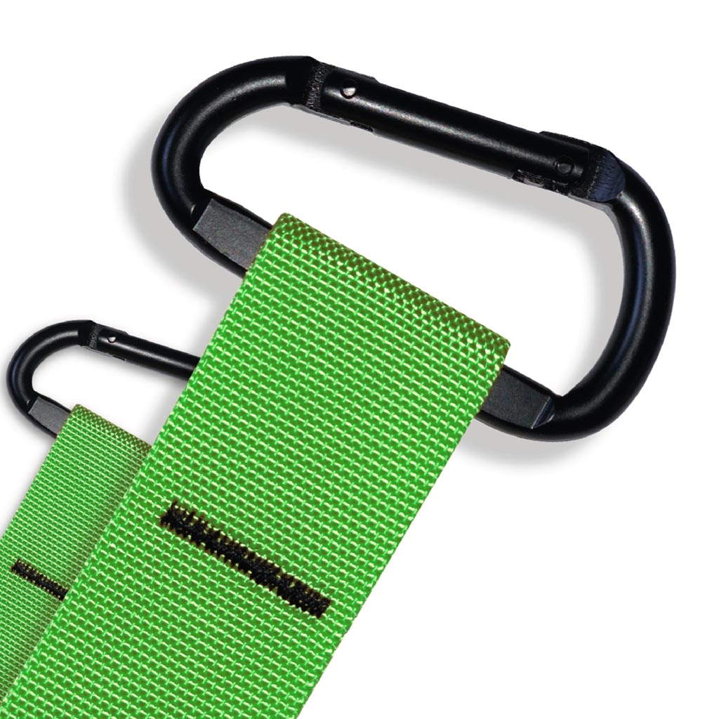 Dos mosquetones negros unidos a correas de cincha verde brillante con costuras negras.