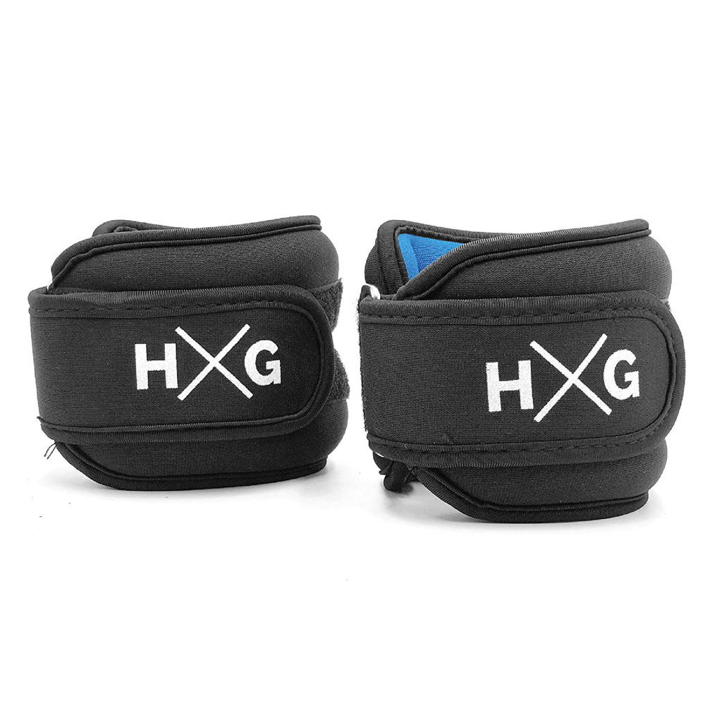 Dos pesas de muñeca negras con logo HXG sobre fondo blanco.