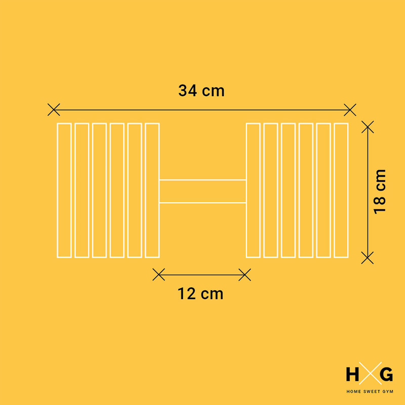 Un diagrama esquemático de un diseño de mancuerna con dimensiones: 34 cm de largo, 18 cm de alto, 12 cm de agarre.