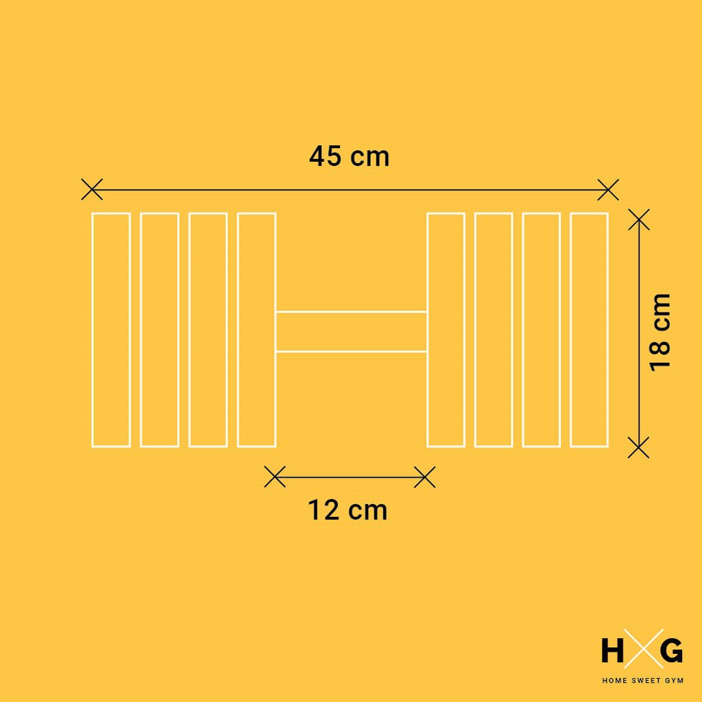 Un diagrama esquemático de una mancuerna con dimensiones: 45 cm de largo, 18 cm de alto, 12 cm de ancho de agarre.