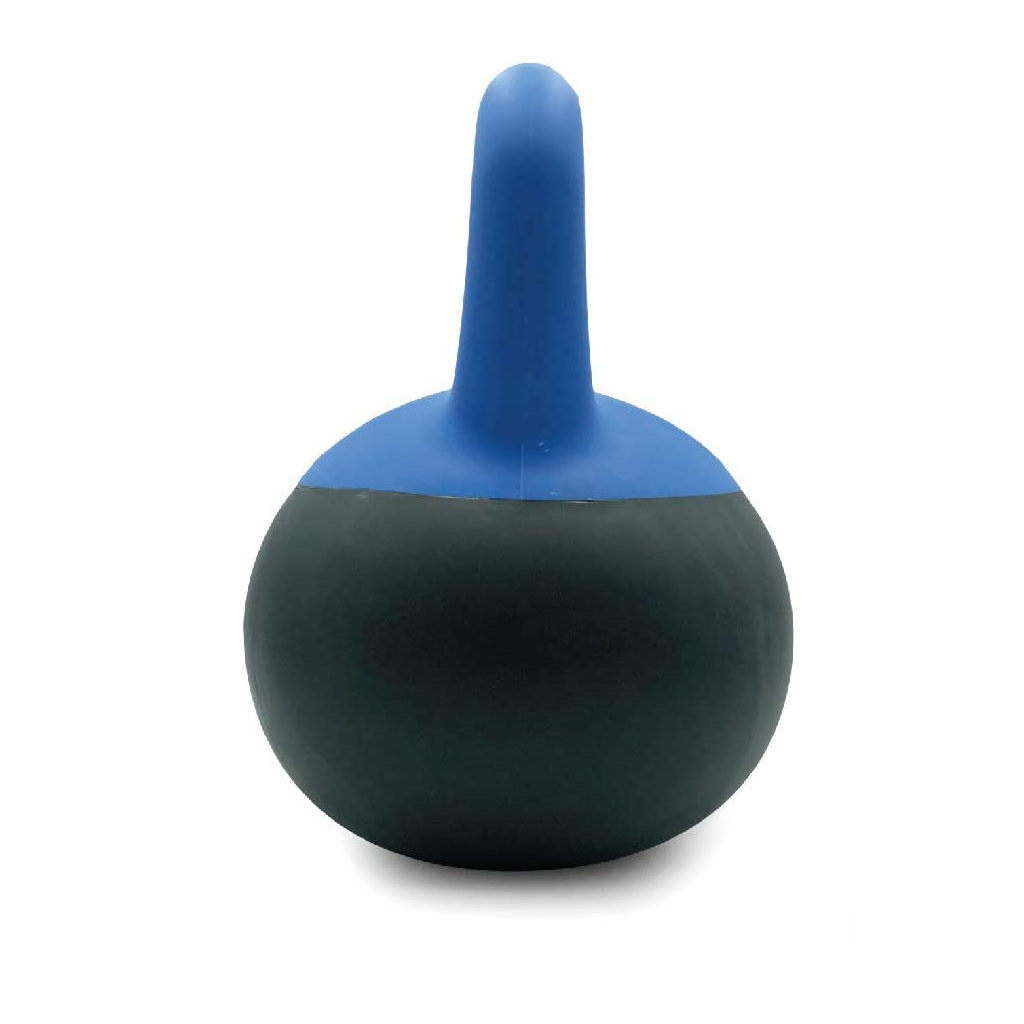 Herramienta de limpieza azul y negra con cuerpo redondo y mango cónico.