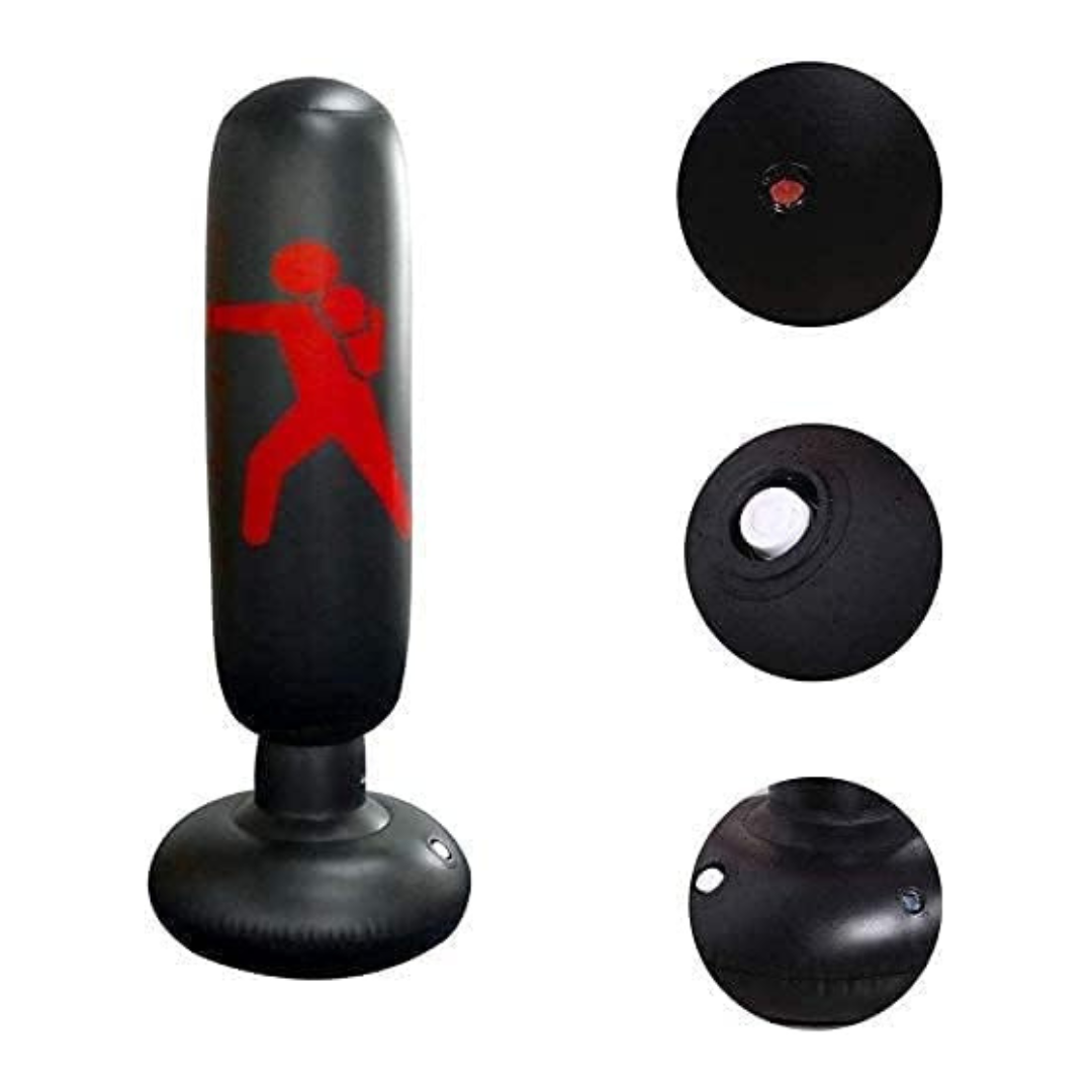 Saco de boxeo inflable con gráfico de boxeador rojo y tres vistas detalladas.