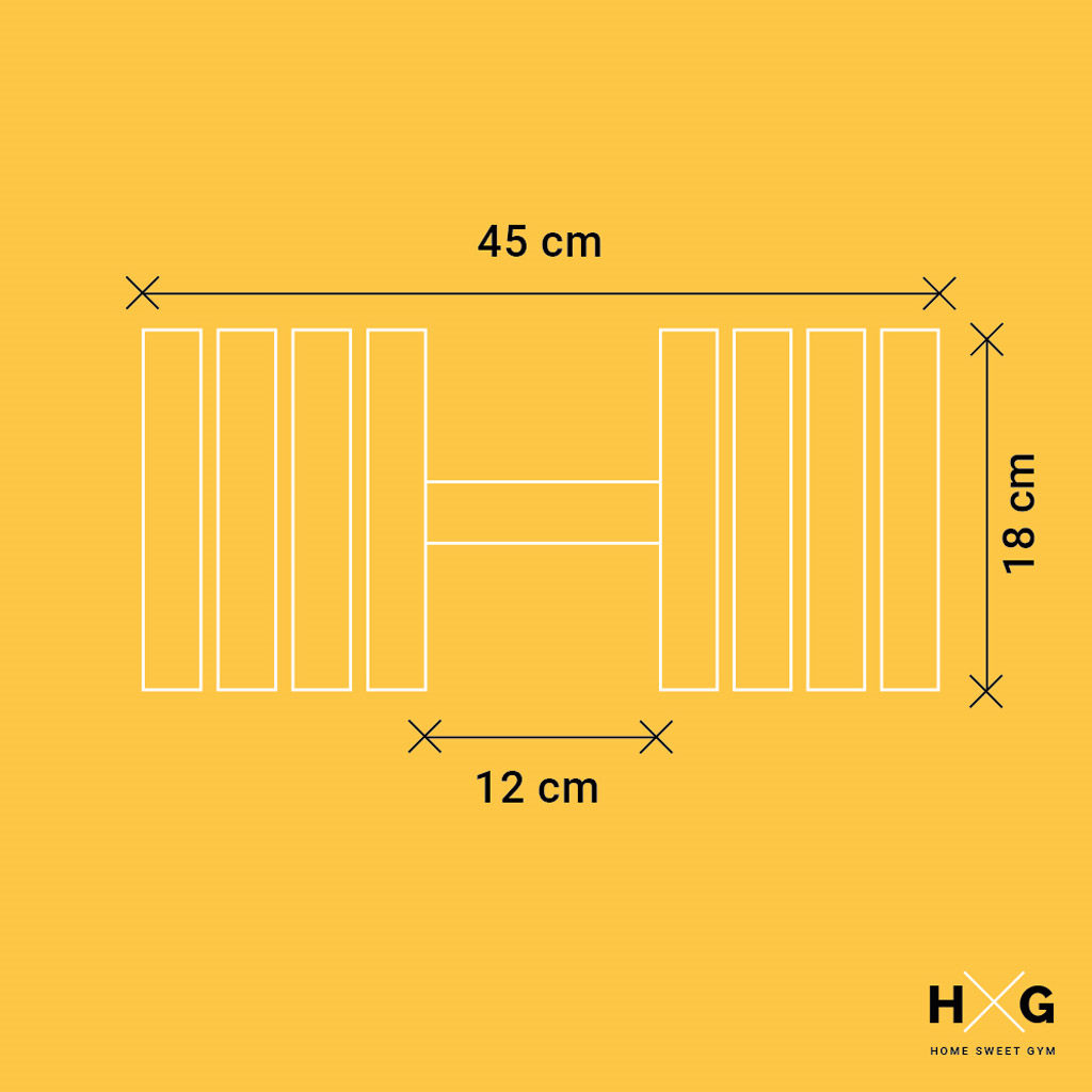 Diagrama de mancuerna con dimensiones: 45 cm de largo, 18 cm de alto, 12 cm de agarre.