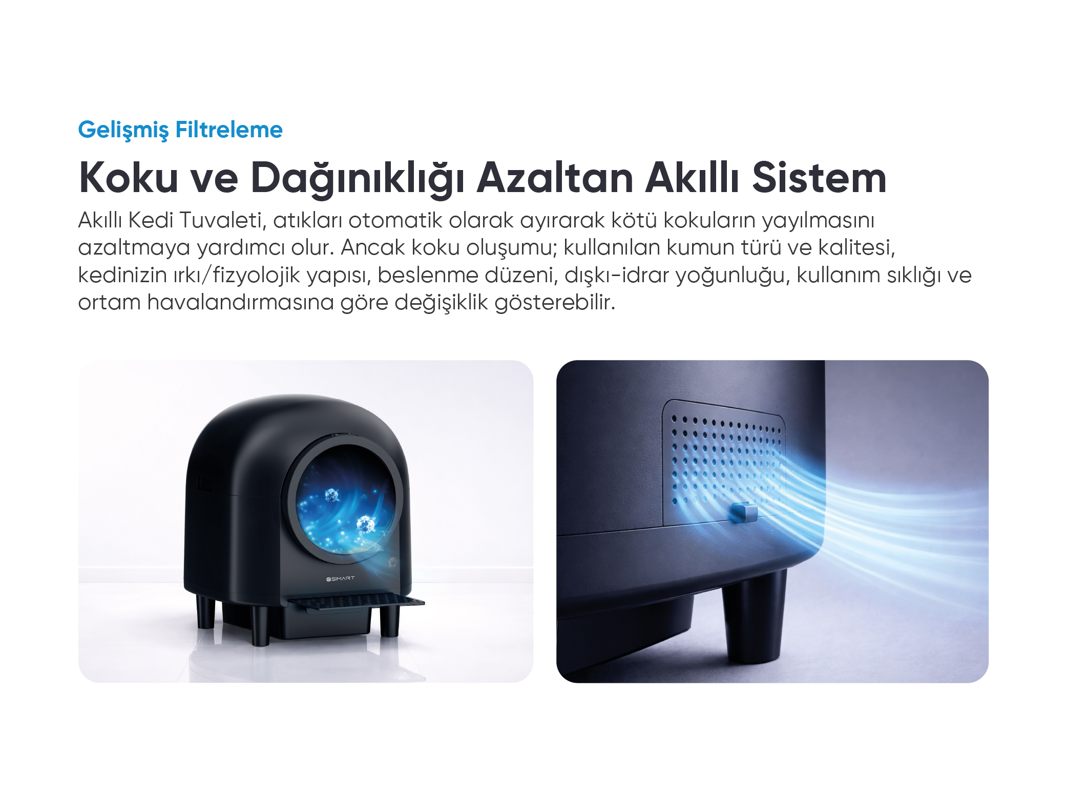 Hava akışı görselleştirmeli siyah akıllı kedi tuvalet sistemi.