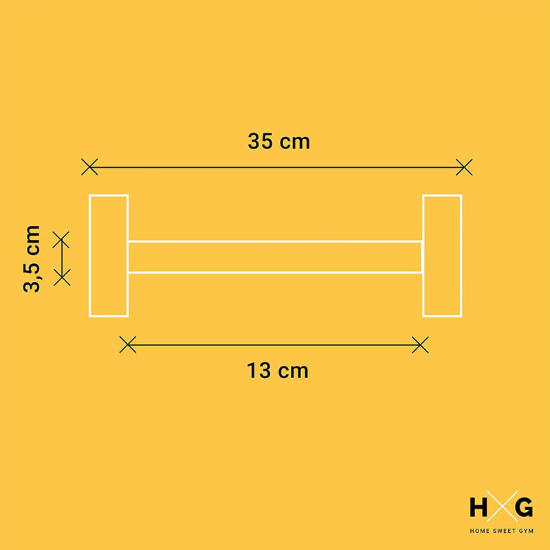 Un dibujo lineal blanco de una mancuerna con medidas sobre fondo amarillo.