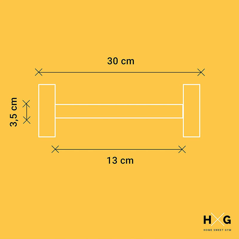 Esquema de mancuerna: 30cm largo, 3,5cm ancho, 13cm agarre. Fondo amarillo.