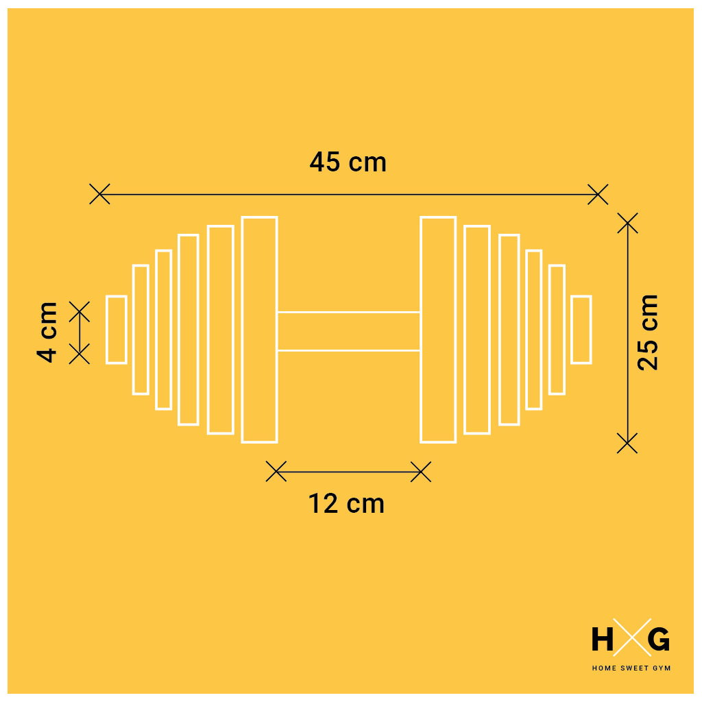 Ilustración de una pesa con dimensiones: 45 cm de largo, 25 cm de alto, 12 cm de ancho.