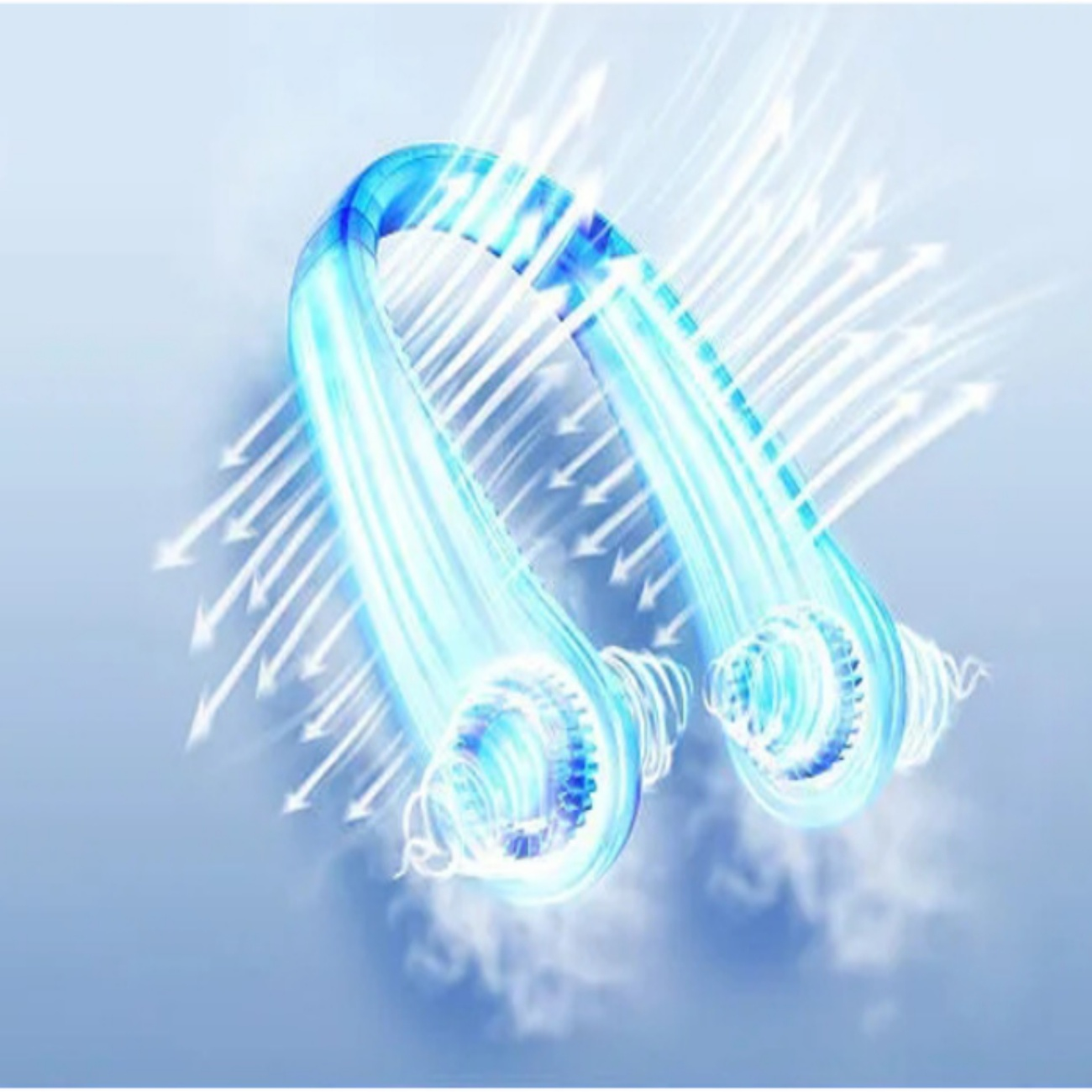 Blauer Nackenventilator mit Luftstrom und Pfeilen.