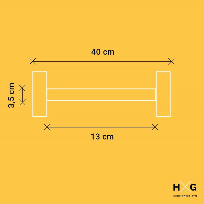 Boceto de mancuerna blanca con dimensiones de 40 cm y 3,5 cm sobre fondo amarillo.
