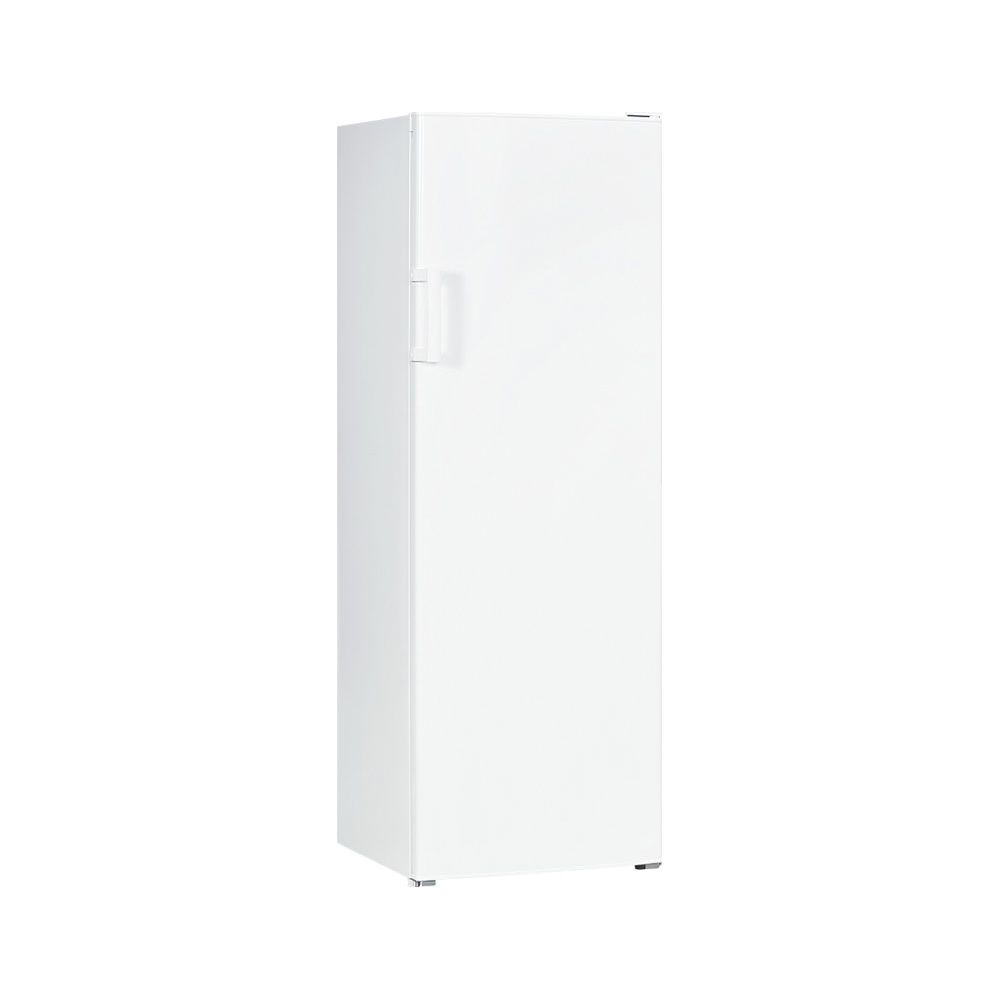 Un réfrigérateur blanc et haut sur fond blanc.