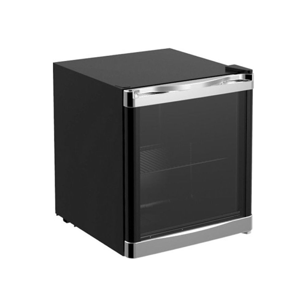 Ein kleiner schwarzer Kühlschrank mit Glastür und Chromgriff.