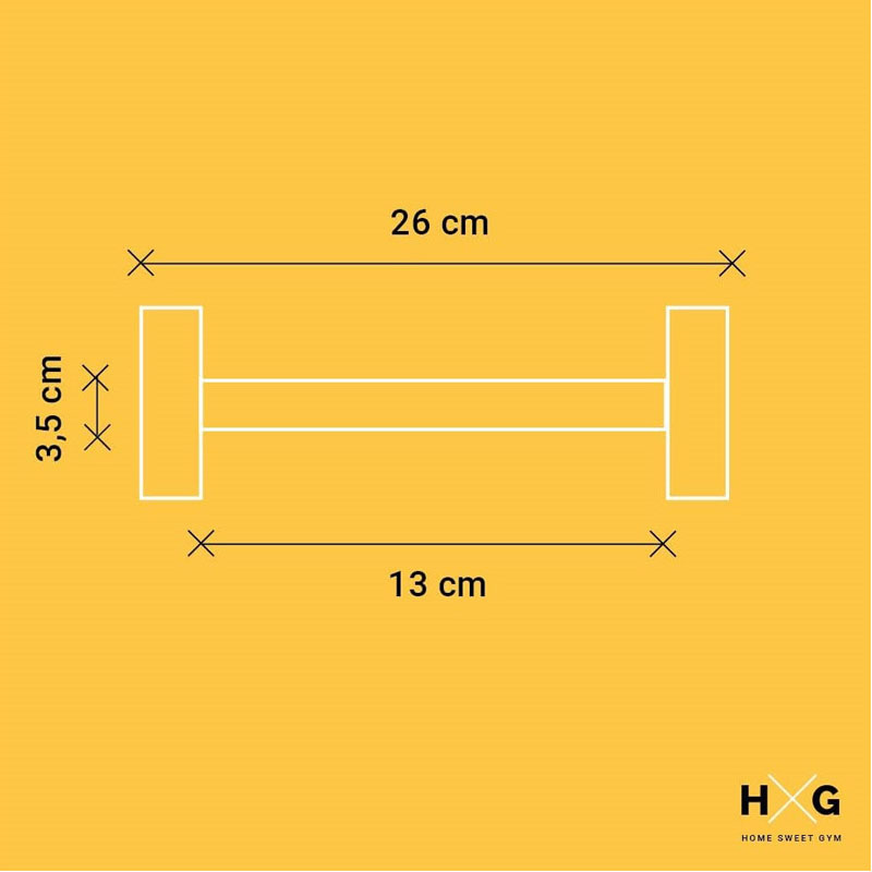 Se muestra una mancuerna con dimensiones de 26 cm de largo y 3,5 cm de ancho.