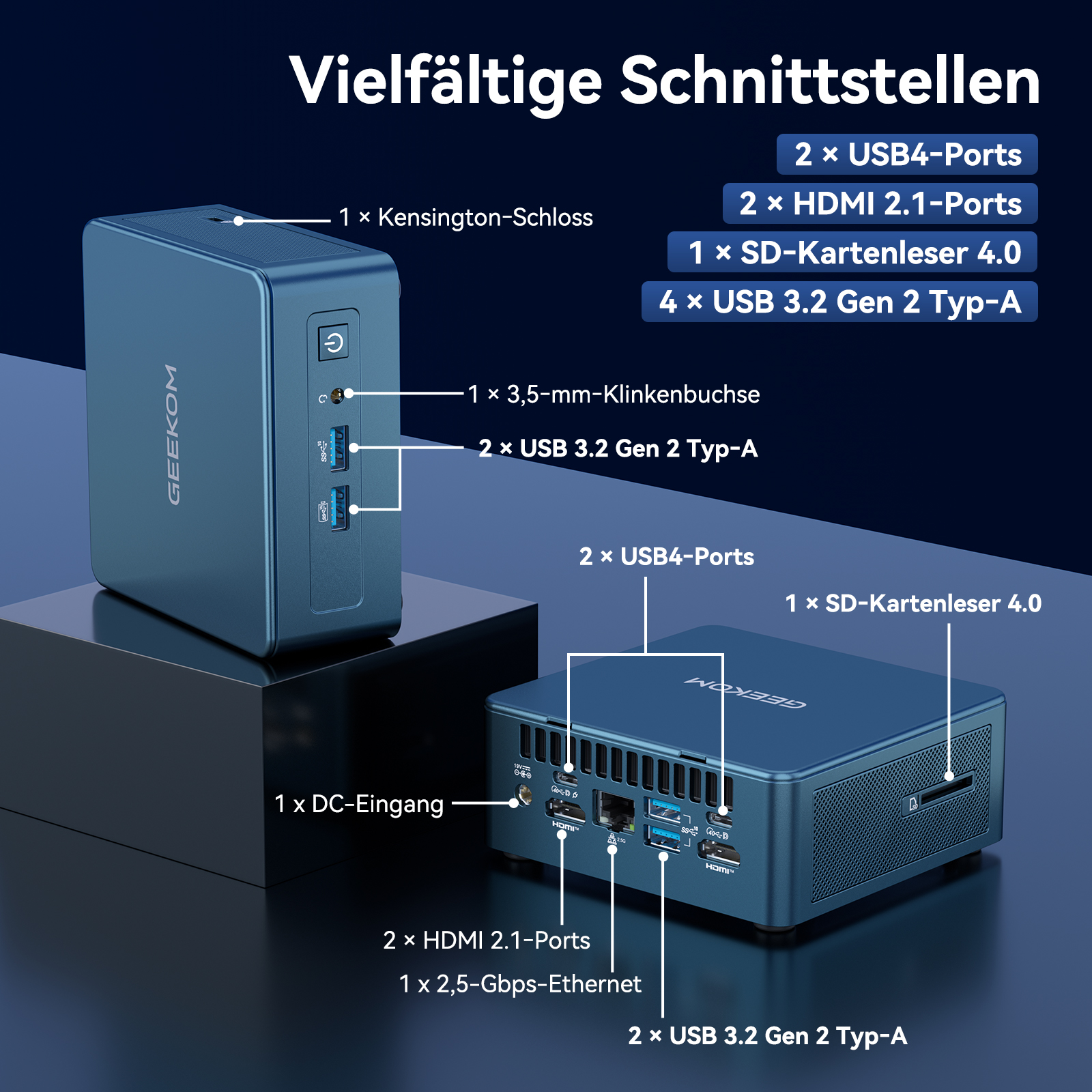 Zwei blaue GEEKOM Mini-PCs mit Beschriftungen der Anschlüsse wie USB, HDMI und SD-Kartenleser.