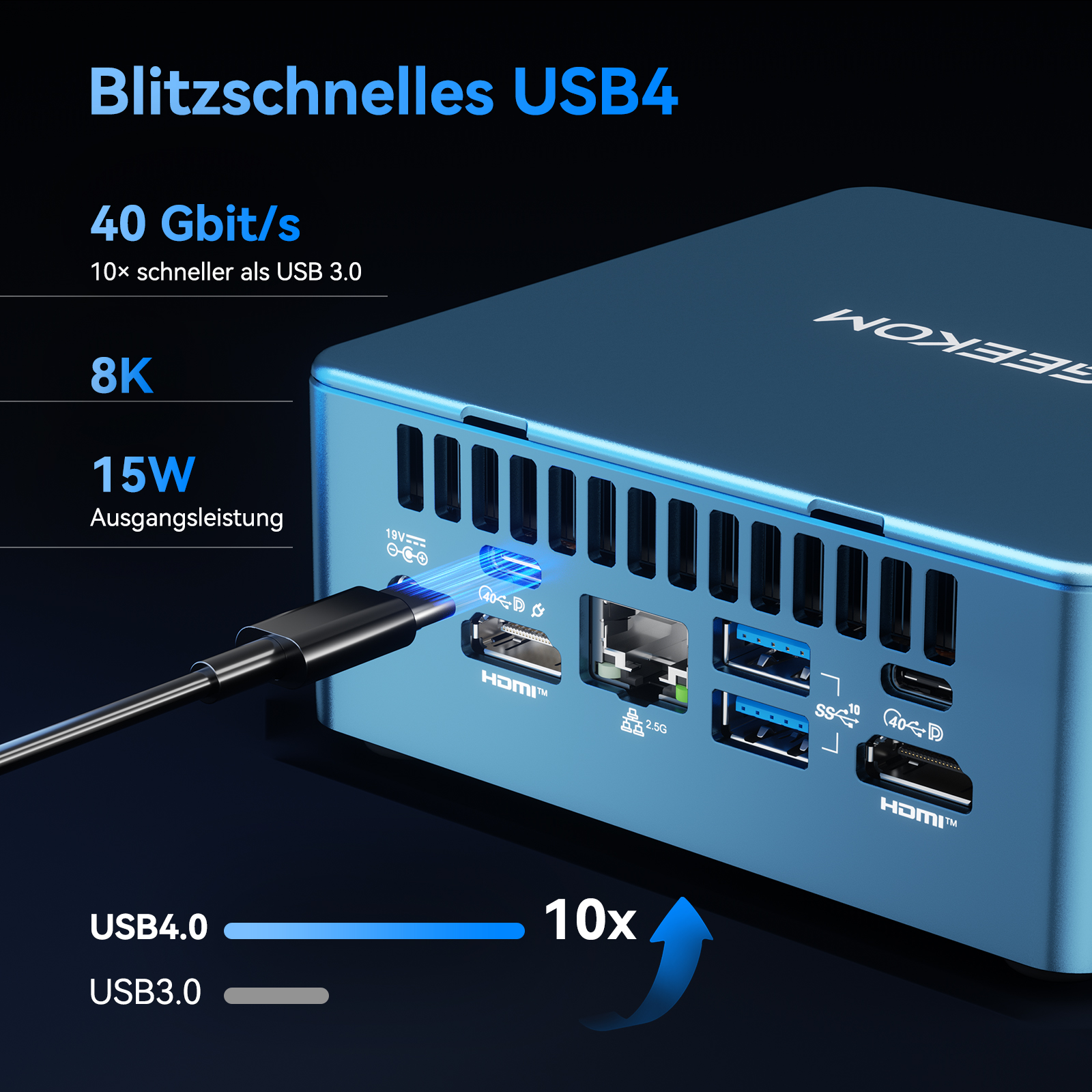 Blauer USB4-Computer mit angeschlossenem Kabel und verschiedenen Anschlüssen.