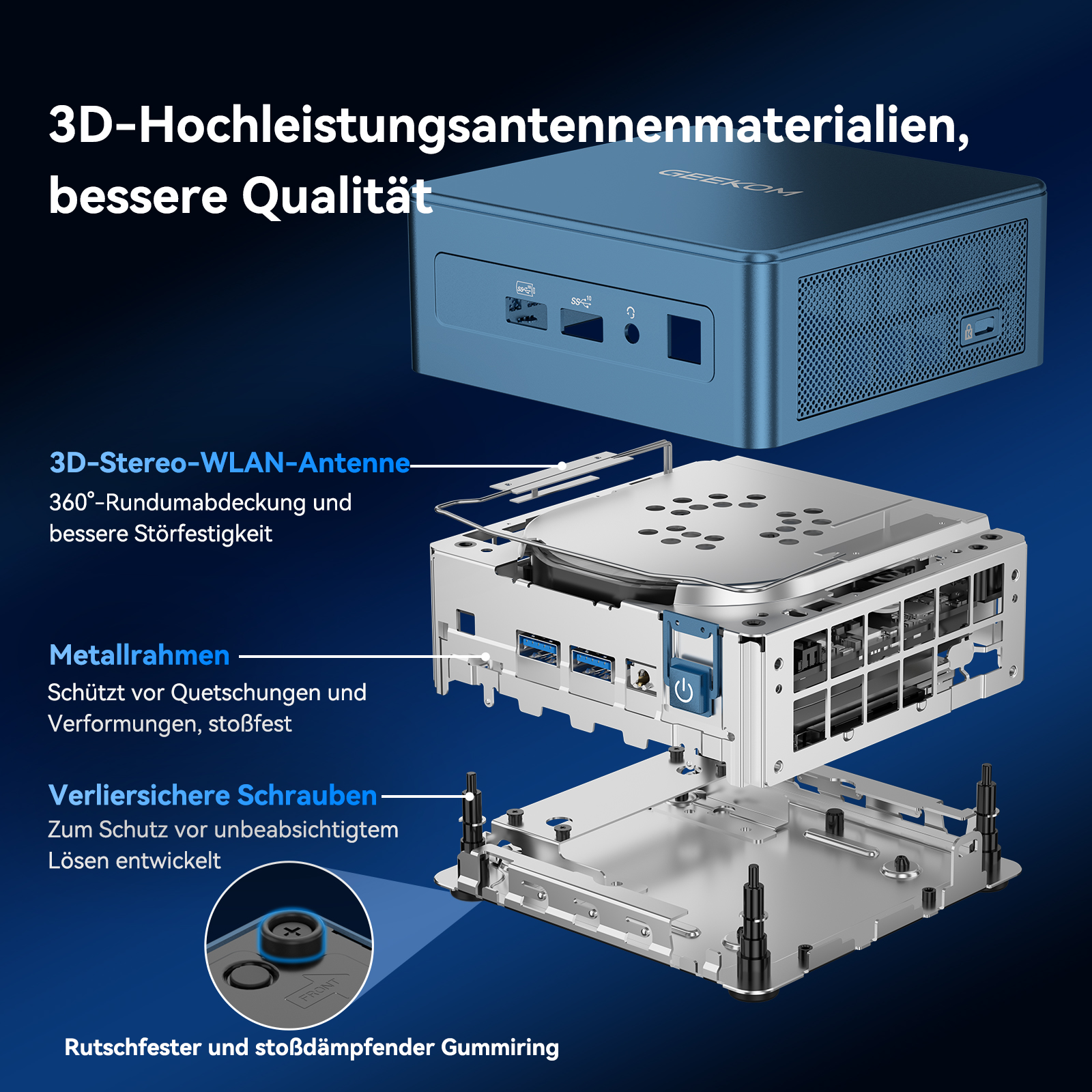 Explosionszeichnung eines blauen Mini-PCs mit internen Komponenten wie Antenne, Metallrahmen und Schrauben.