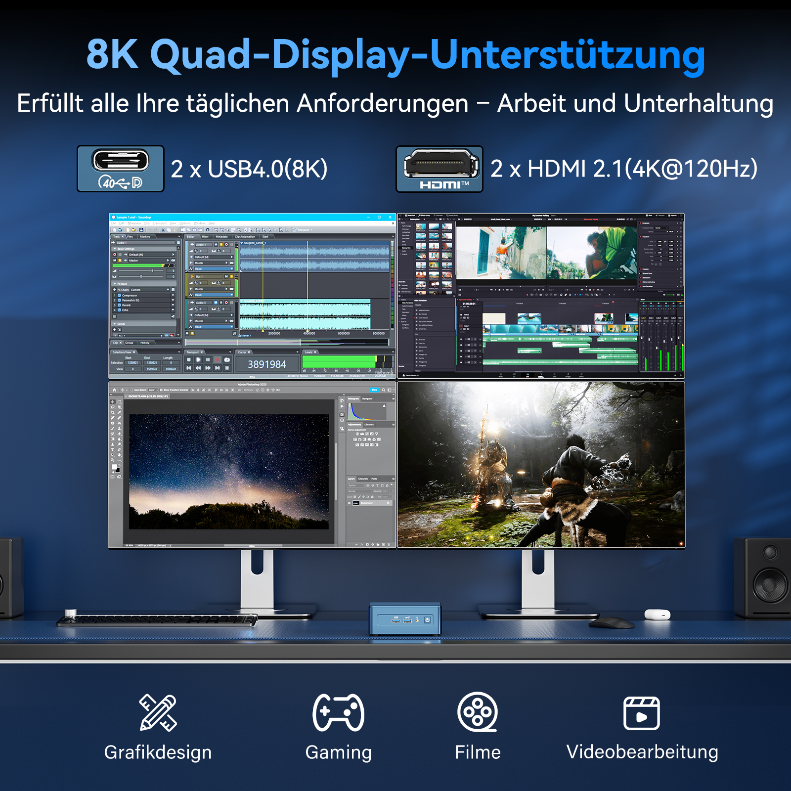 Vier Bildschirme mit 8K-Auflösung, 2x USB4.0, 2x HDMI 2.1. Software für Grafik, Spiele, Filme.