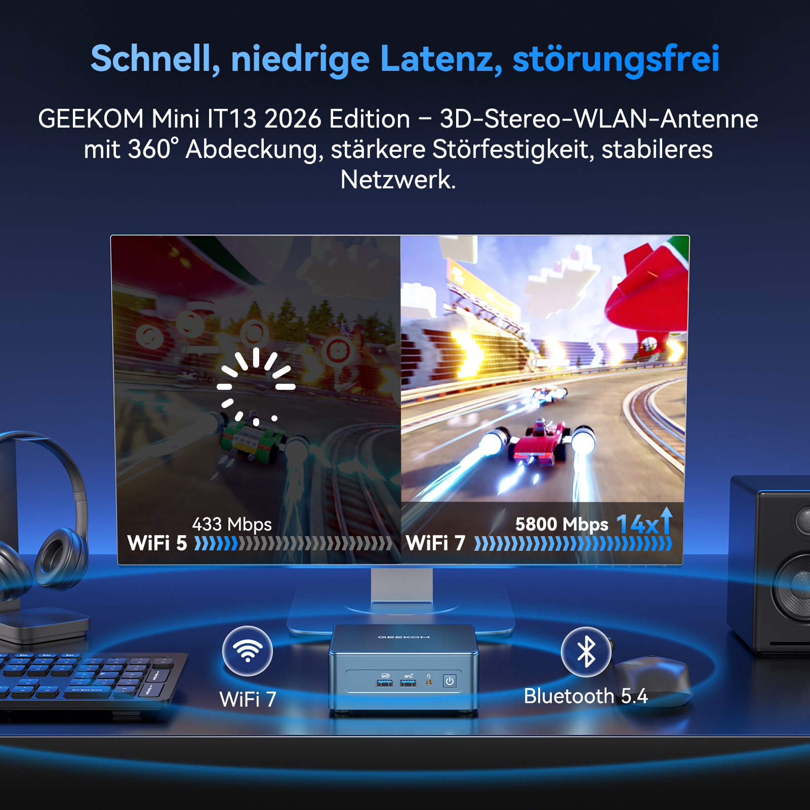 Ein Computer mit 2 Rennspielen auf dem Bildschirm, WiFi 7 & Bluetooth 5.4.