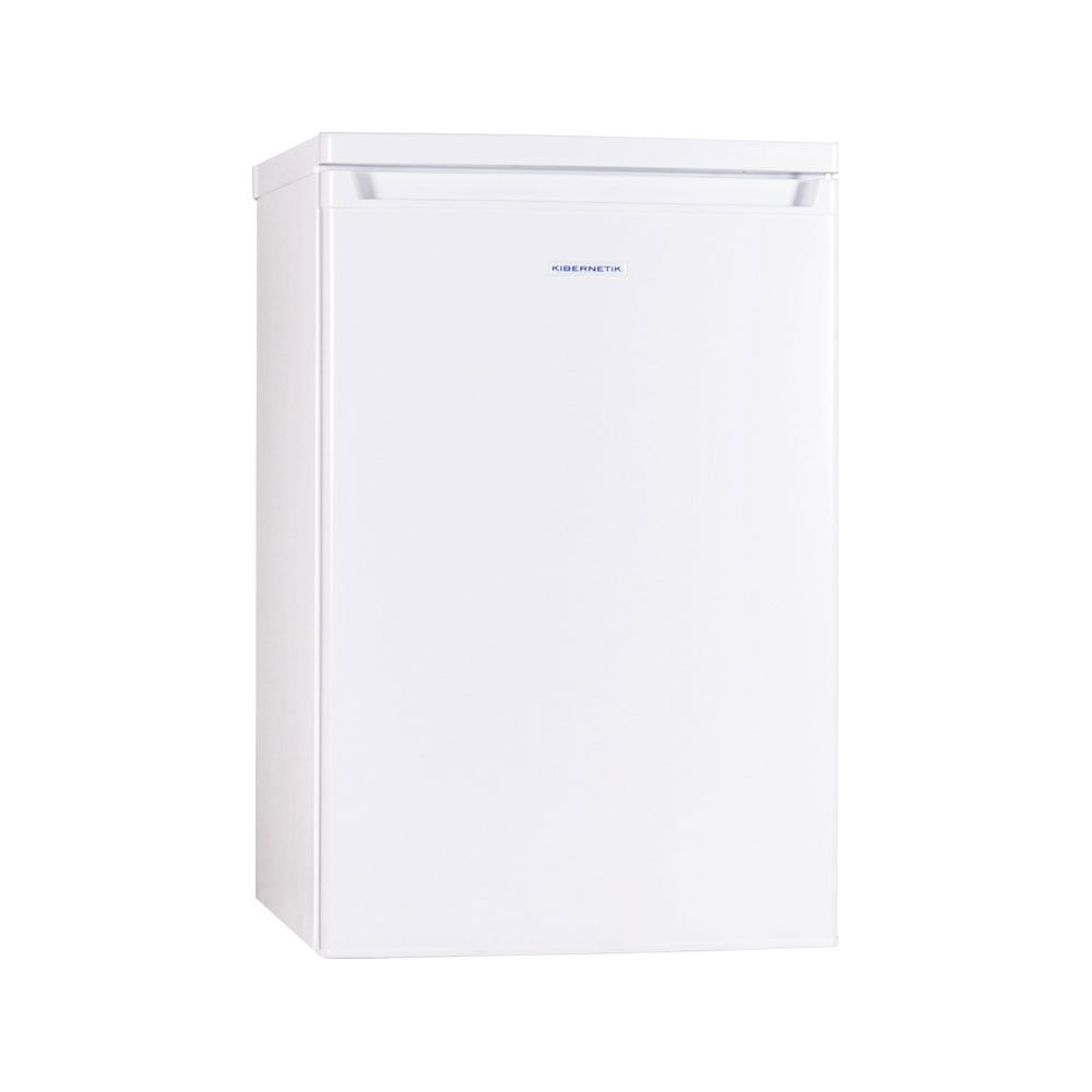 Ein weißer Kühlschrank mit silbernem Griff und Firmenlogo.