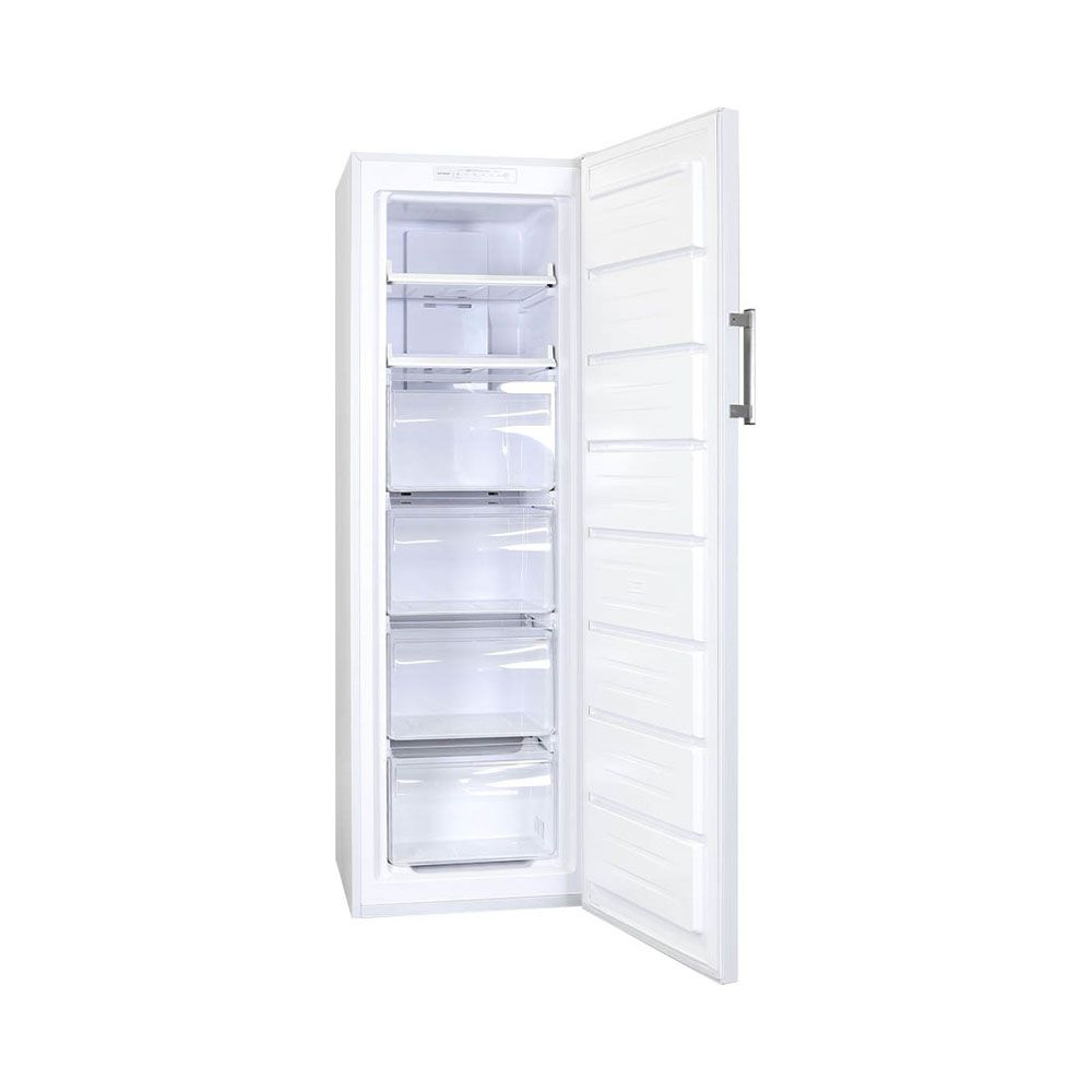 Ein weißer Kühlschrank mit offener Tür und mehreren Schubladen.