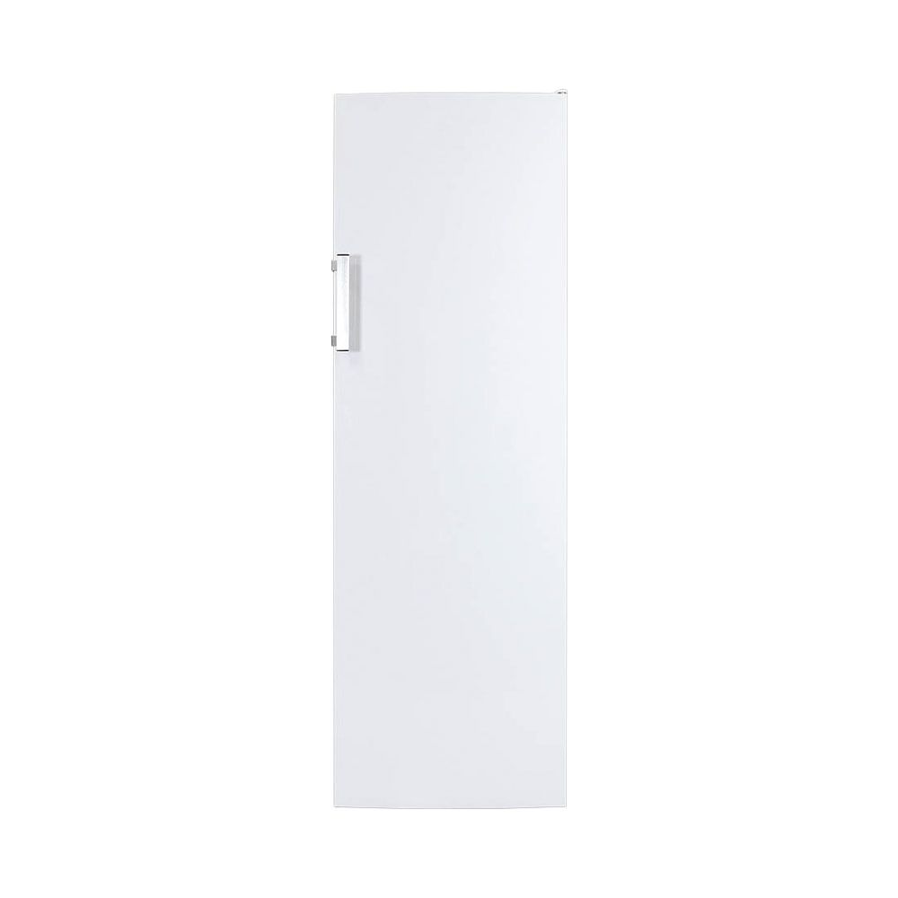 Ein weißer Kühlschrank mit einem silbernen Griff auf der linken Seite.