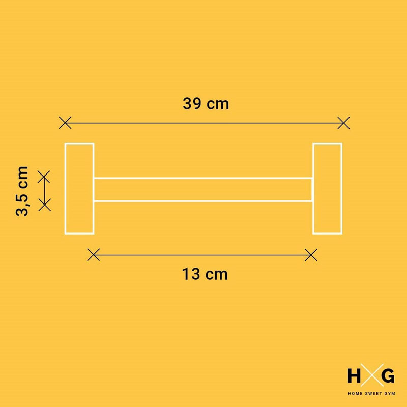 Un diagrama de una pesa, mostrando dimensiones: 39 cm de longitud total, 13 cm de agarre, 3,5 cm de ancho.
