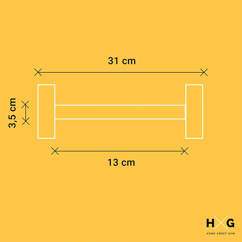 Un dibujo de mancuerna blanca con dimensiones sobre fondo amarillo.