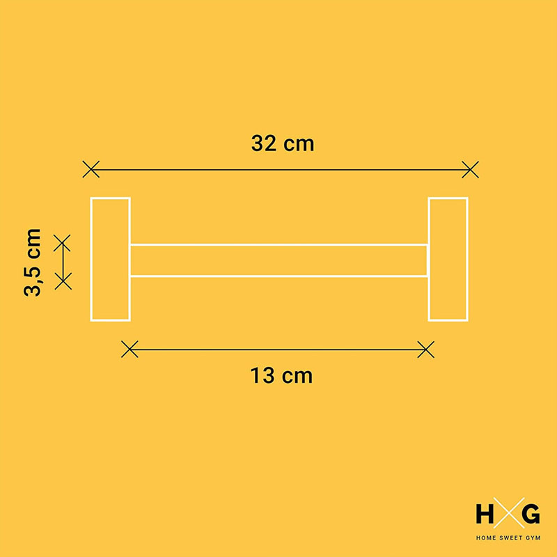Dibujo de mancuerna con dimensiones: 32 cm largo total, 13 cm agarre, 3,5 cm grosor.