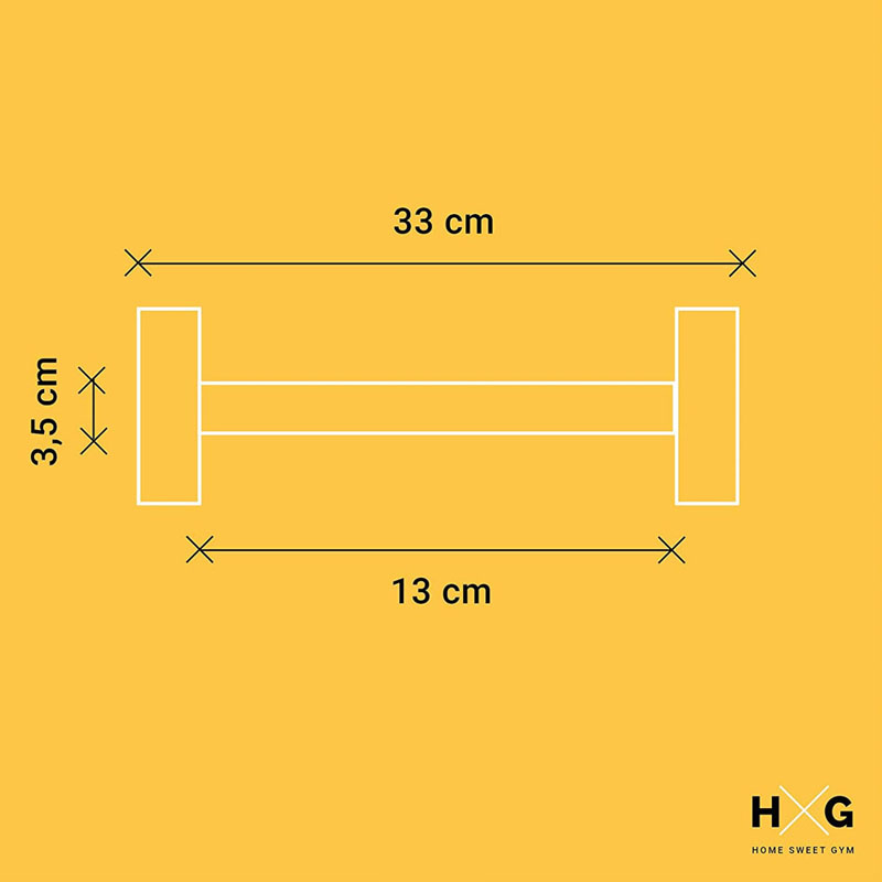 Un diagrama esquemático de una pesa con dimensiones: 33 cm de largo, 3,5 cm de diámetro de agarre, 13 cm de ancho de agarre.