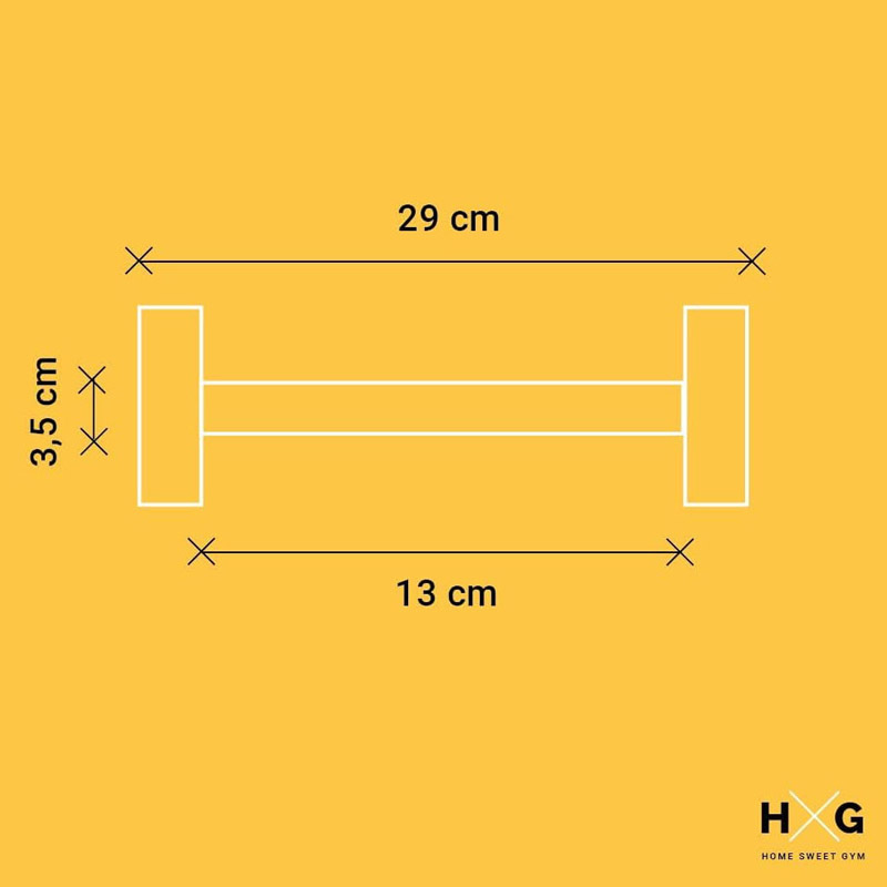 Contorno de mancuerna blanca con dimensiones sobre fondo amarillo.