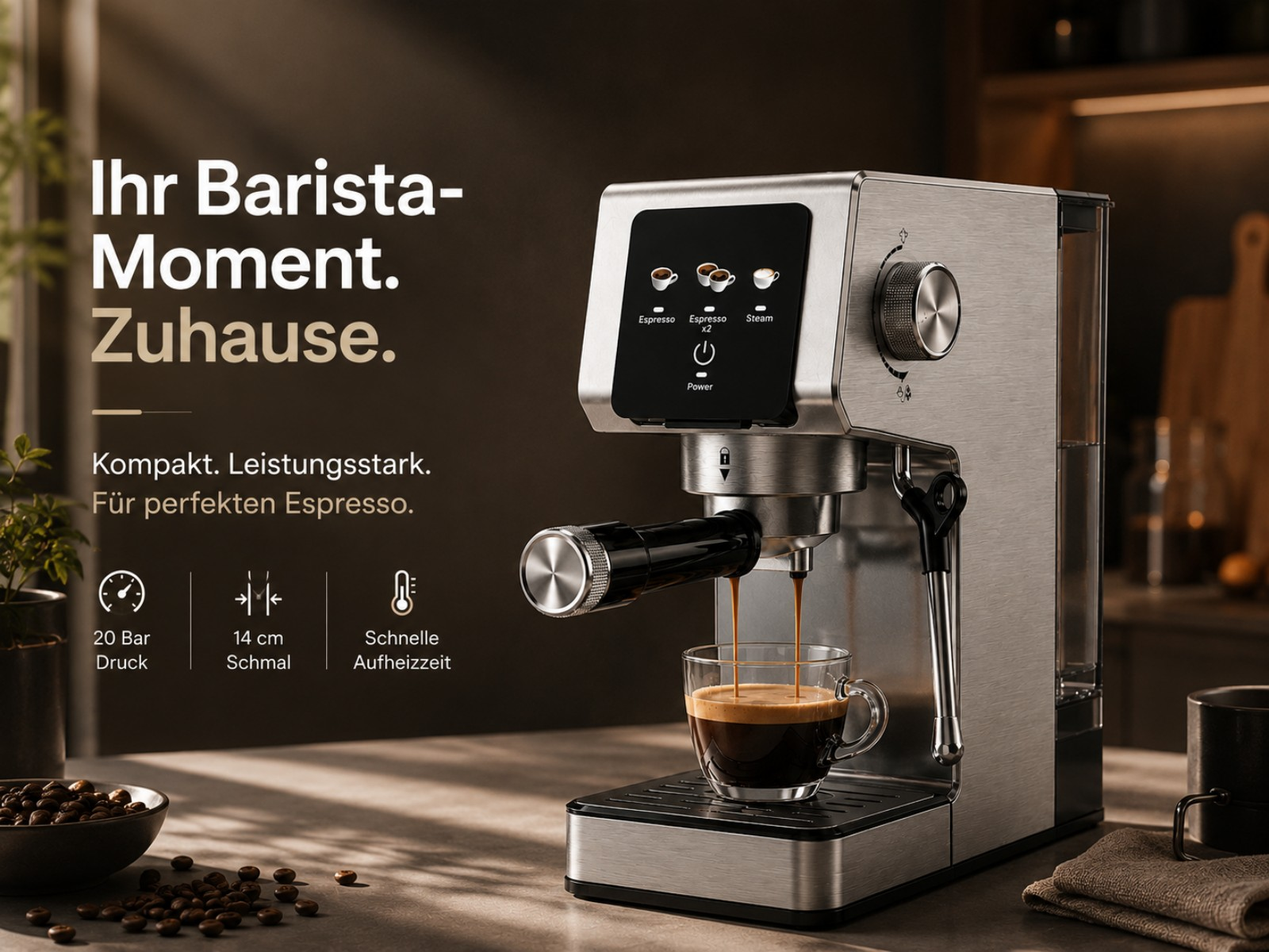 Eine silberne Espressomaschine brüht Kaffee in eine Glas Tasse. Text mit Barista-Motiv.