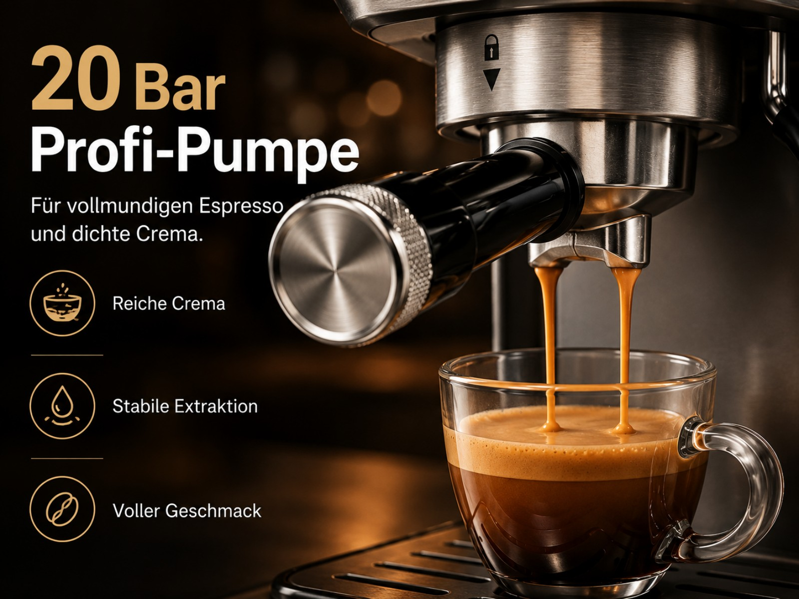 Espressomaschine brüht Espresso in eine Tasse, mit Text über 20 Bar Pumpe.