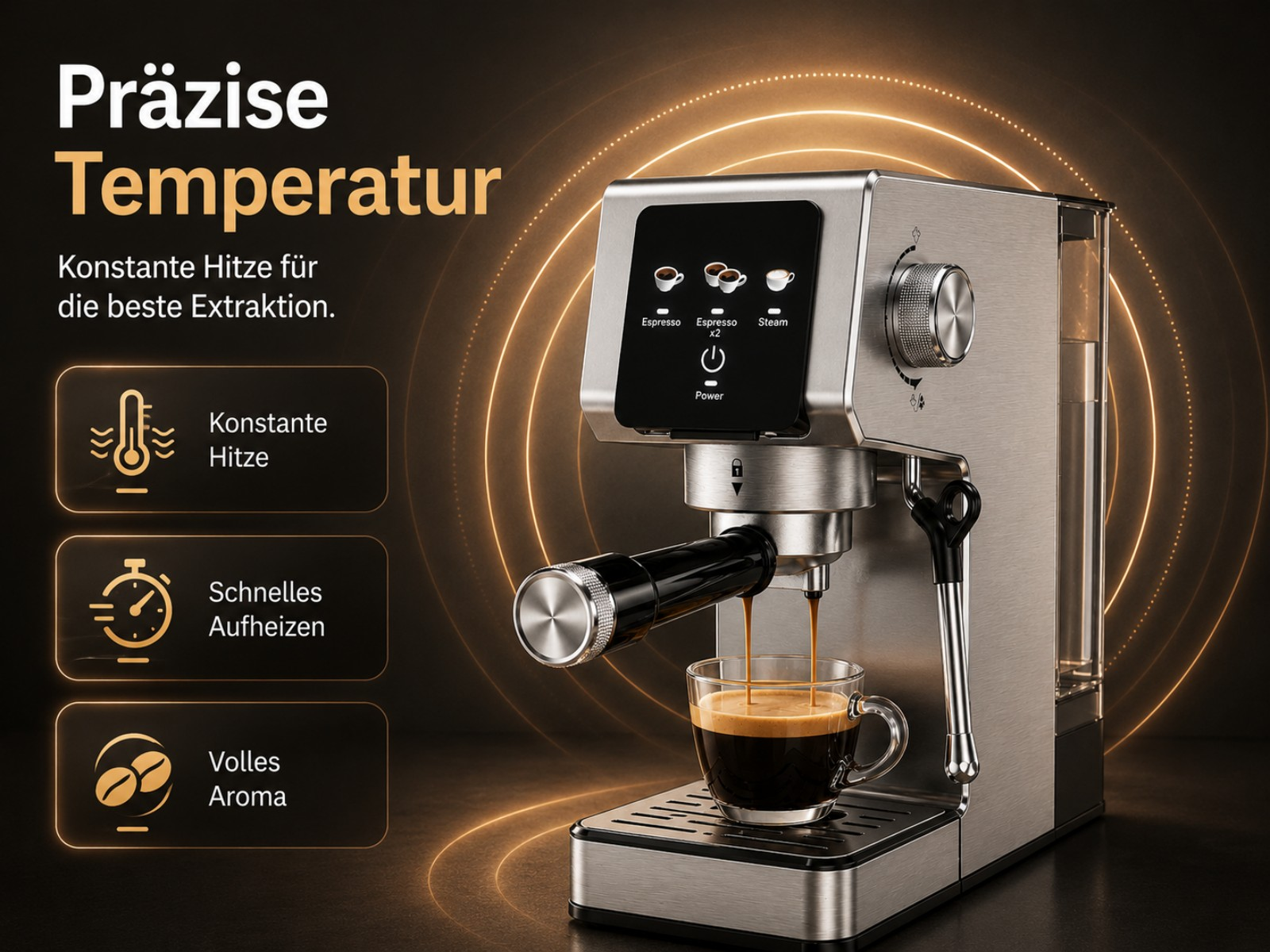 Eine silberne Espressomaschine brüht Kaffee in eine Glas Tasse. Links sind Icons für Hitze, Aufheizen und Aroma.