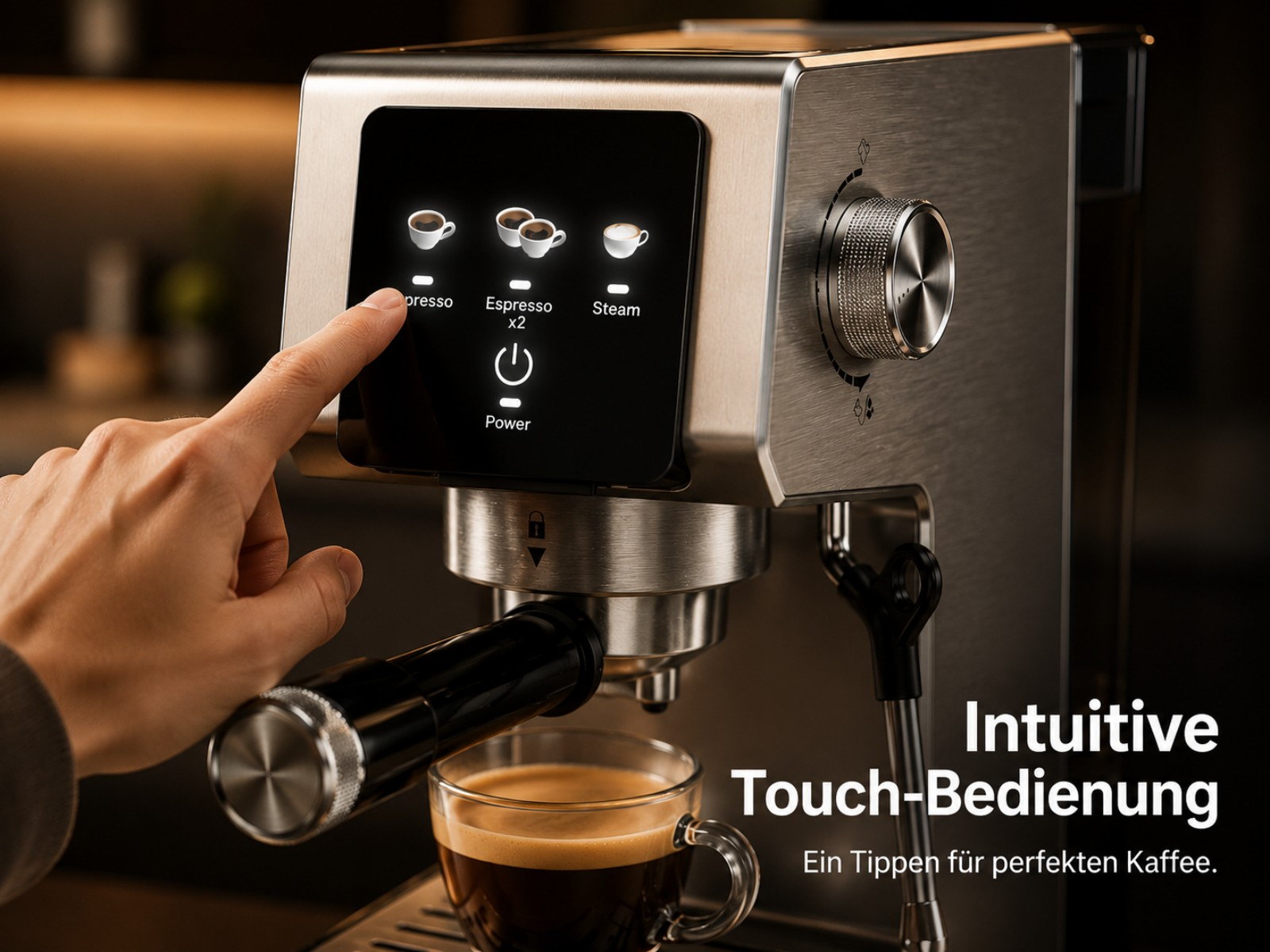 Eine Hand bedient eine Kaffeemaschine mit Touchscreen-Display und fertigt Espresso.