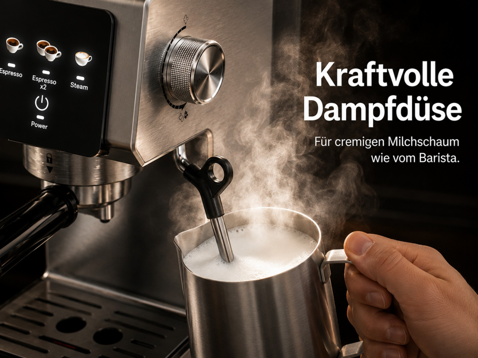 Espressomaschine schäumt Milch in einem Metallkännchen. Nahaufnahme.